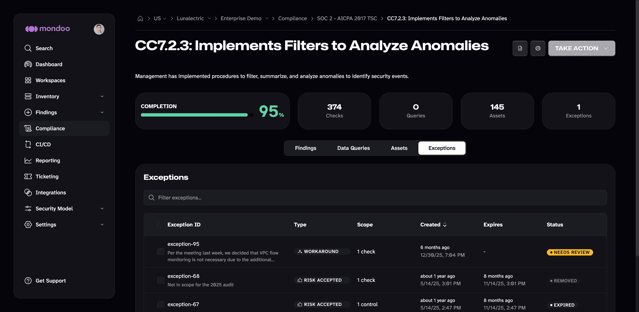 Exceptions on a compliance control in the Mondoo App