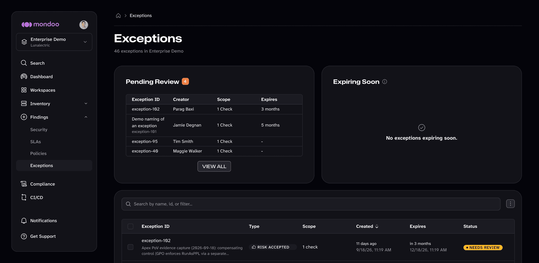 Exceptions page in the Mondoo App, with the Pending Review and Expiring Soon cards above the list of exceptions