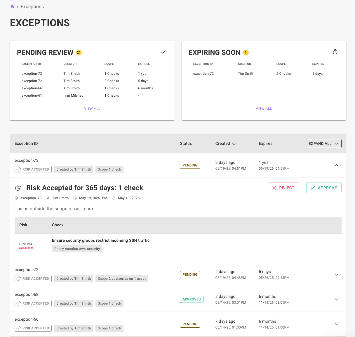 Exceptions page in the Mondoo App