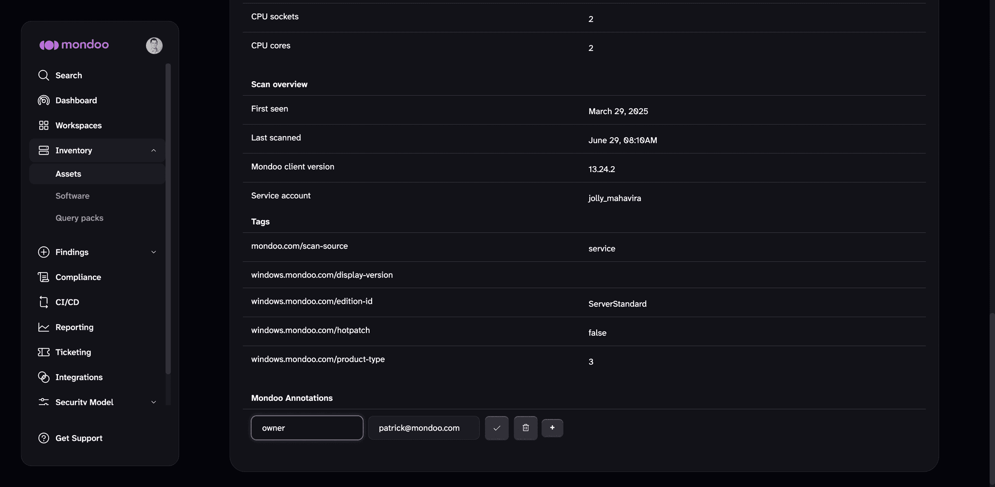 Annotation on a Mondoo asset