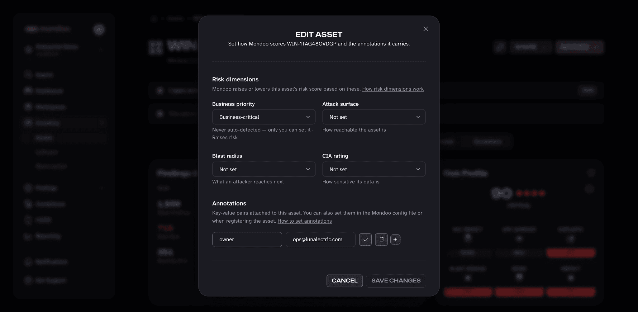 Editing an existing owner annotation in the Edit asset dialog