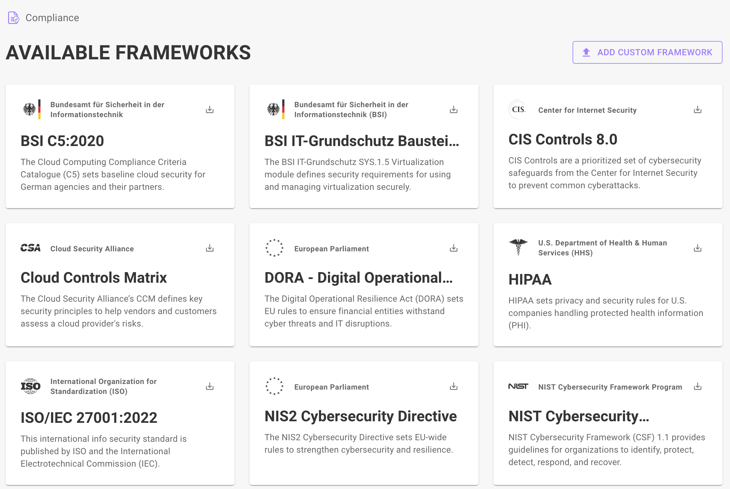 Available compliance frameworks