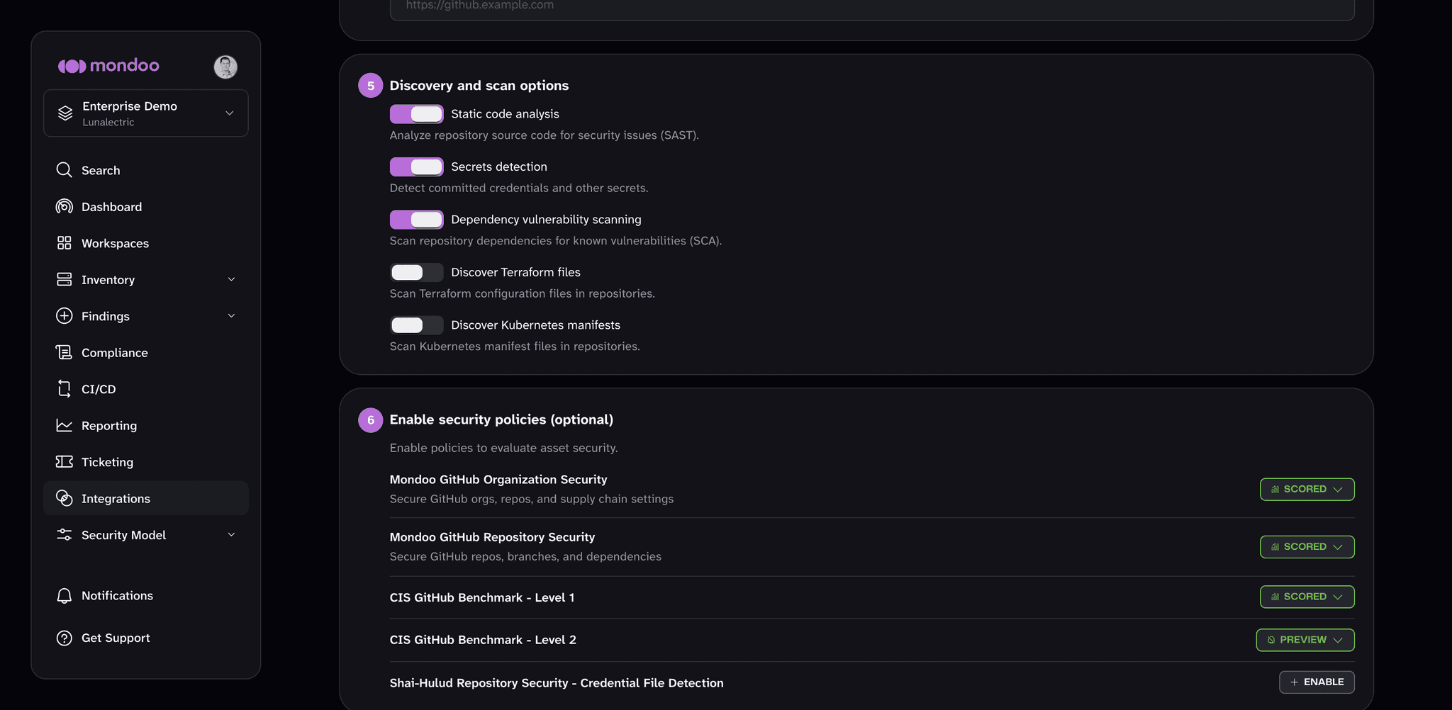 GitHub discovery and scan options