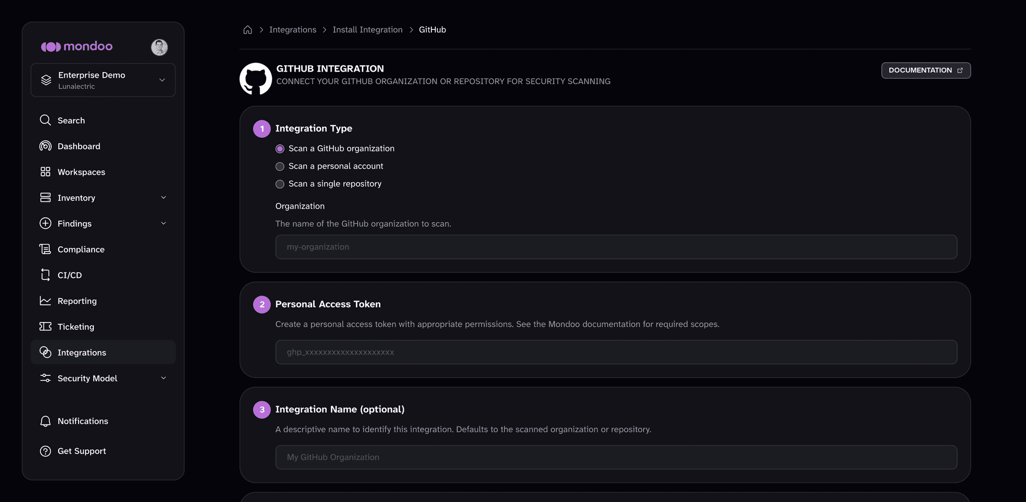 The GitHub integration setup form in the Mondoo Console