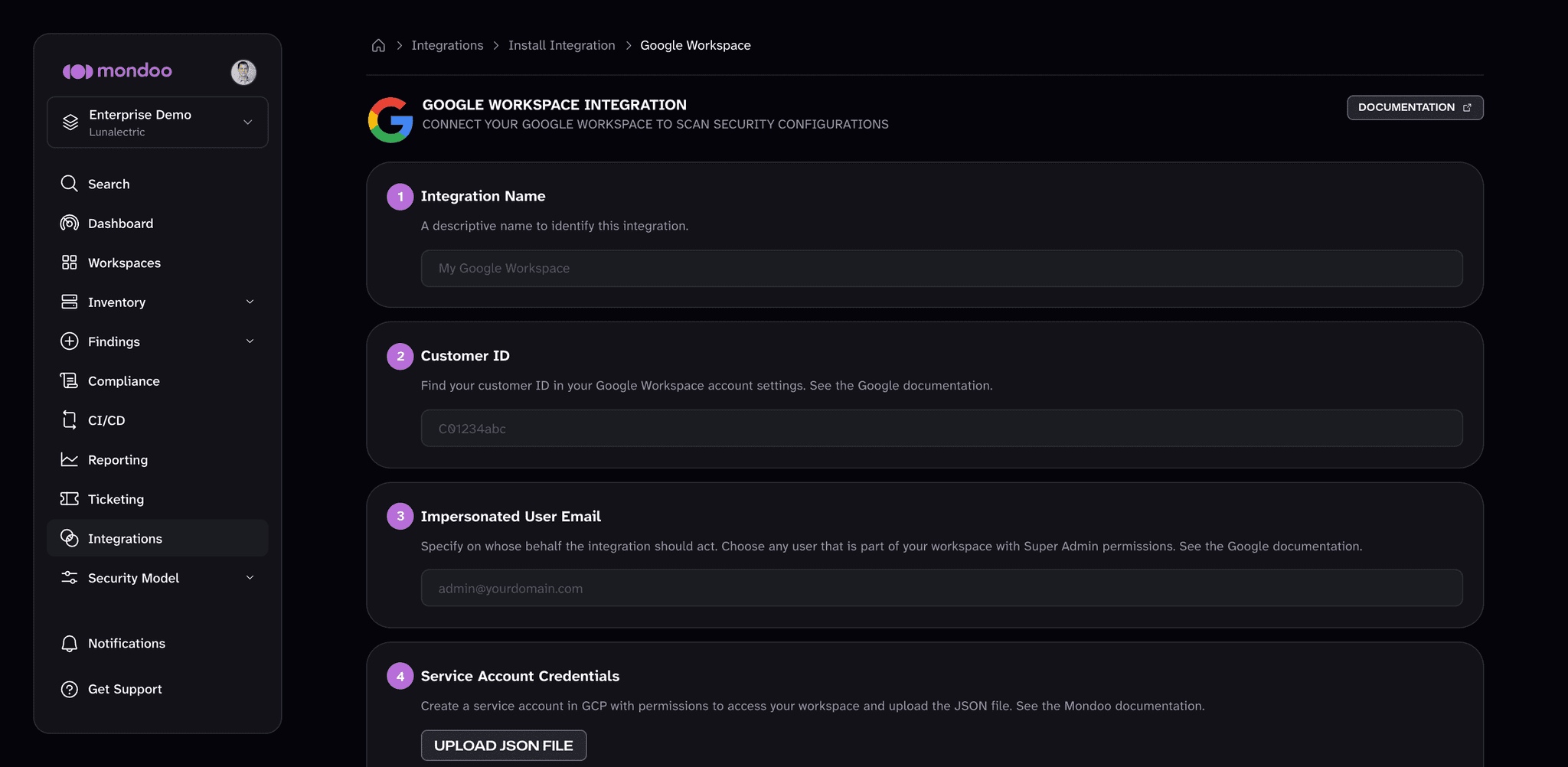 The Google Workspace integration setup form in the Mondoo Console