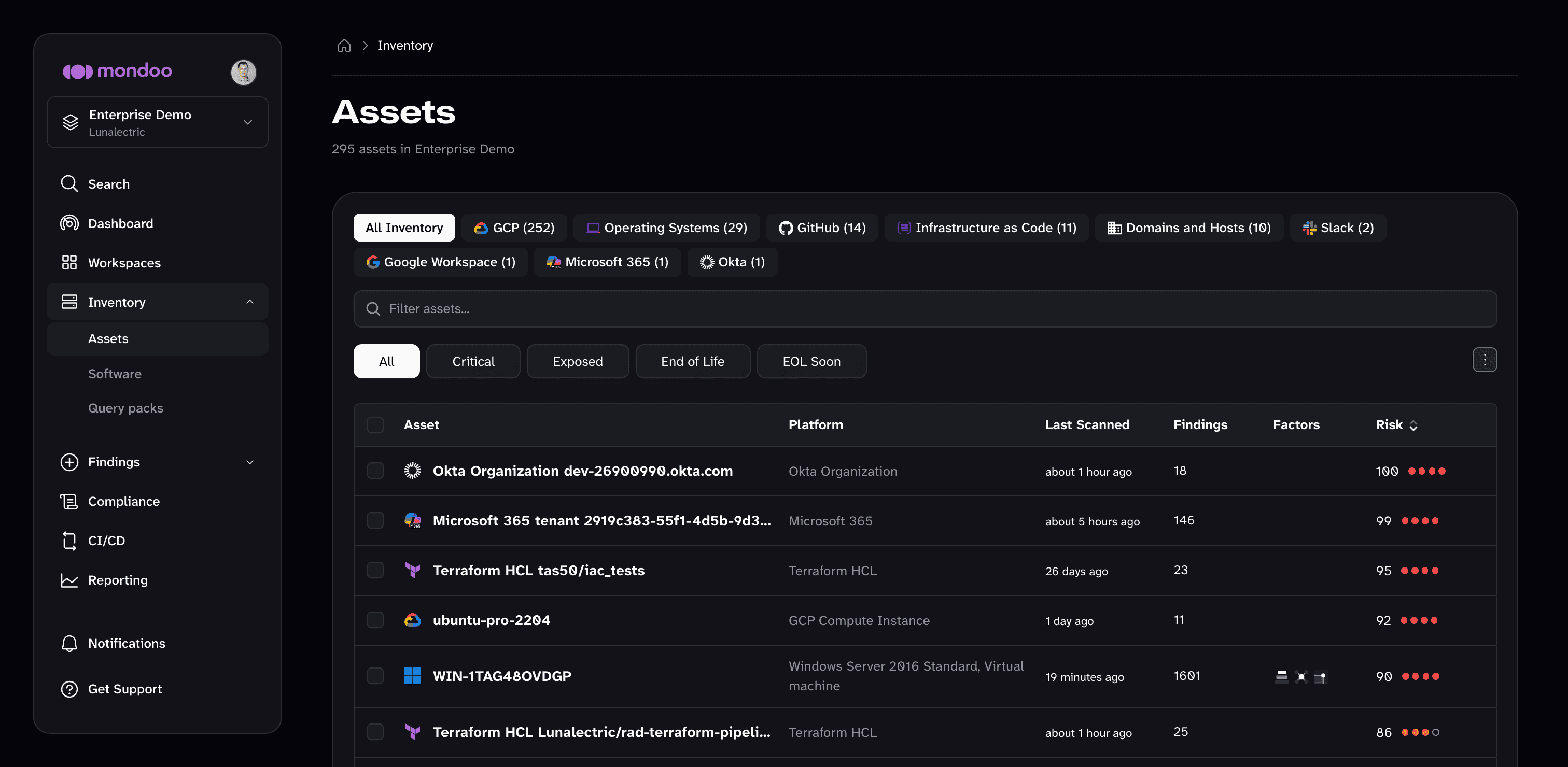 The Assets page in the Mondoo App, listing assets grouped by integration type with quick filters and risk scores