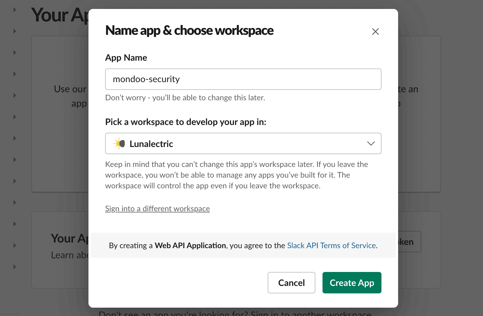 Slack Name app & choose workspace dialog