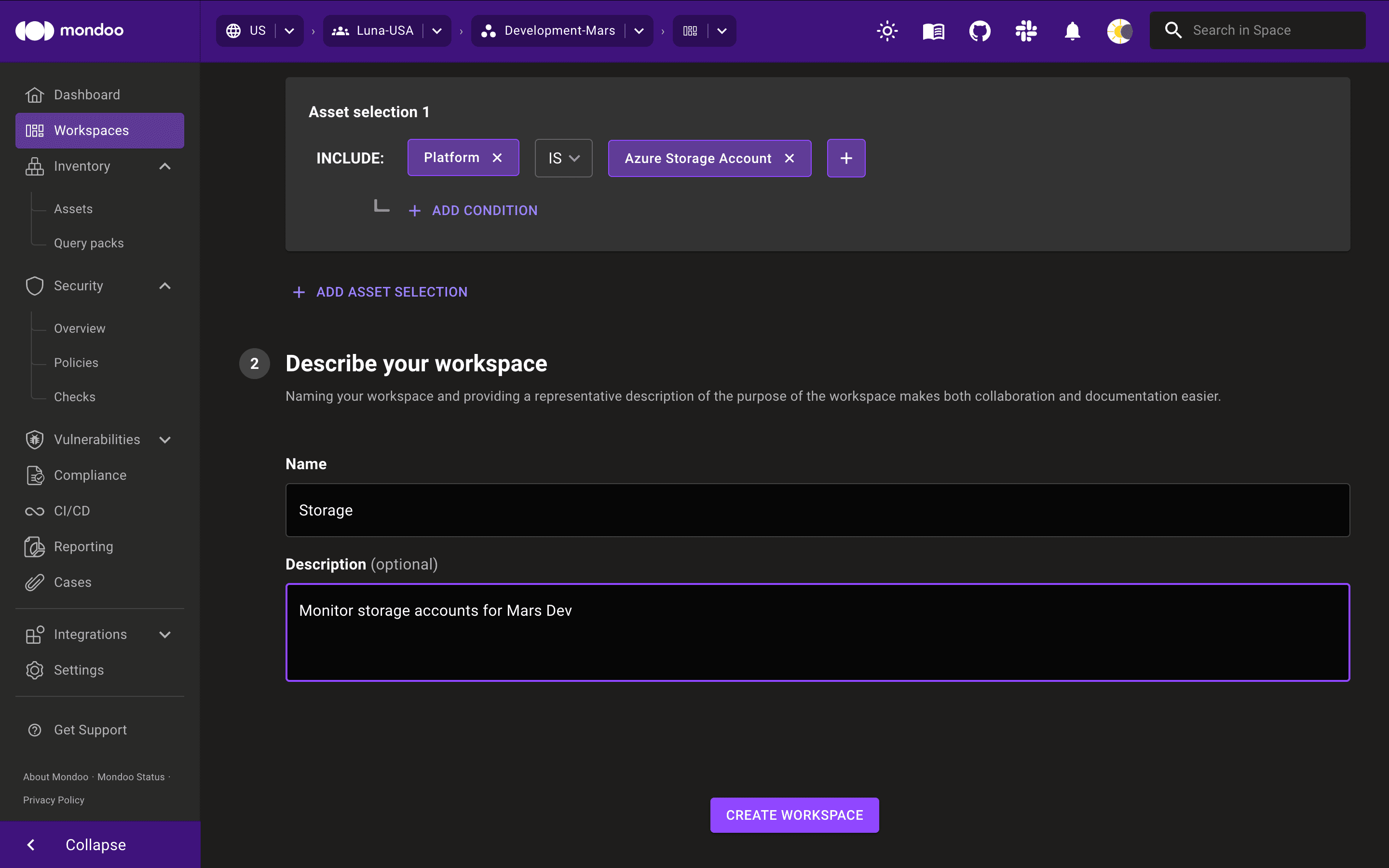 Mondoo workspace name and describe