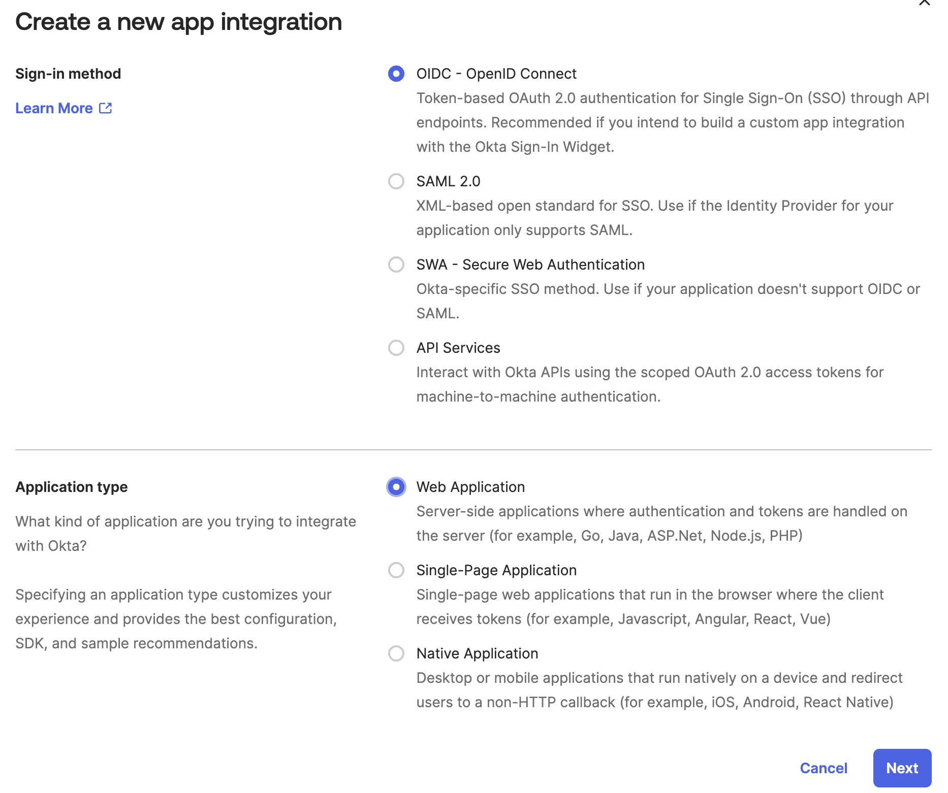Okta new app integration