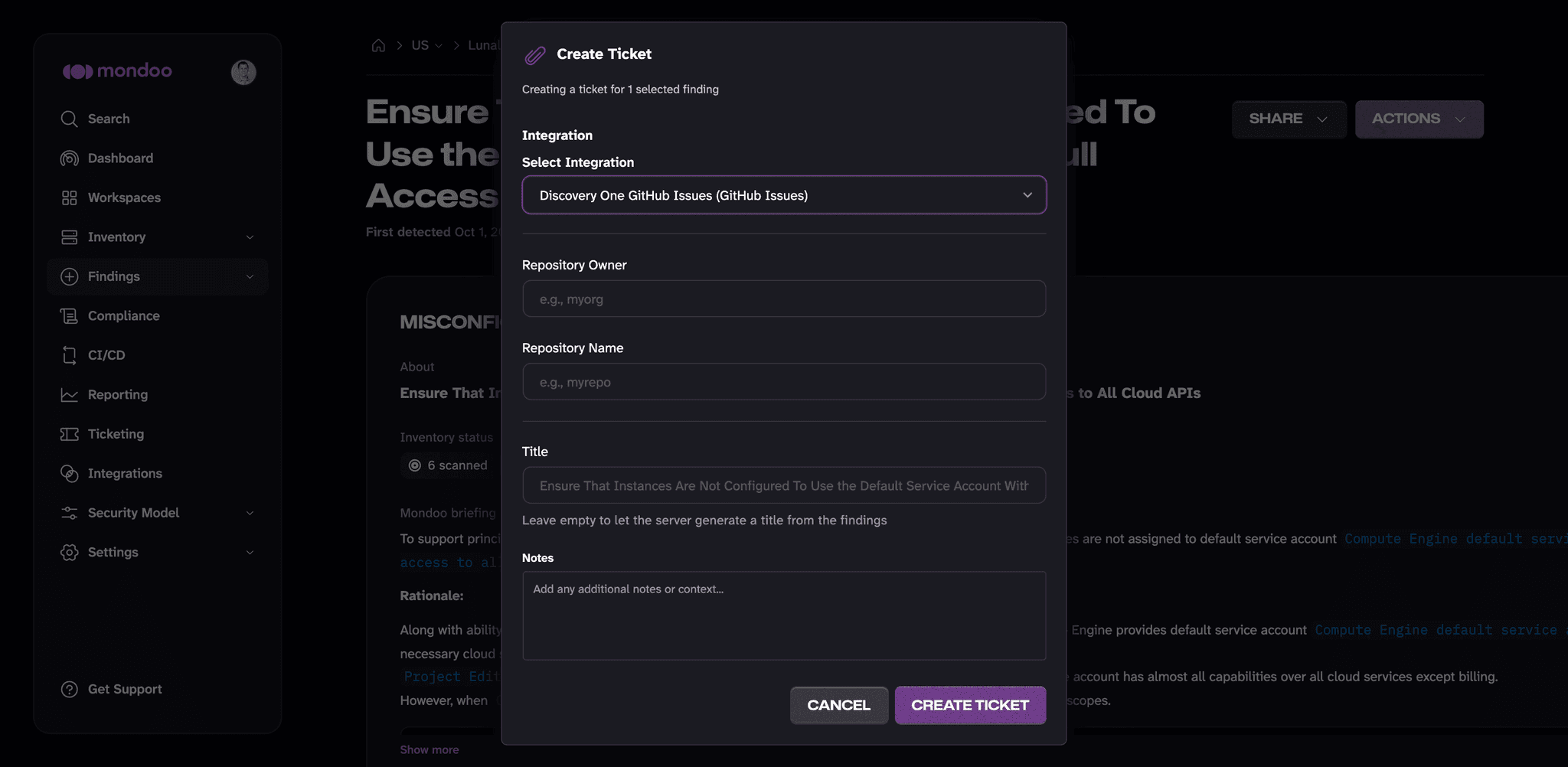 Create a new ticket in Mondoo