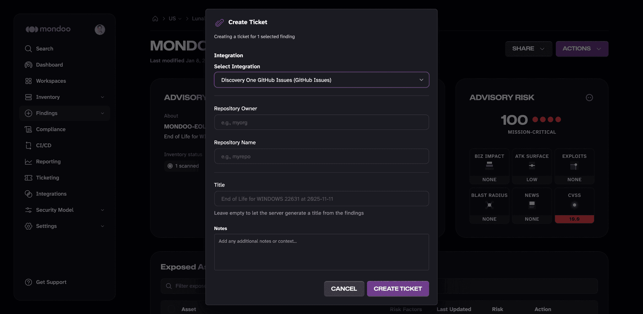 Create a new ticket in Mondoo
