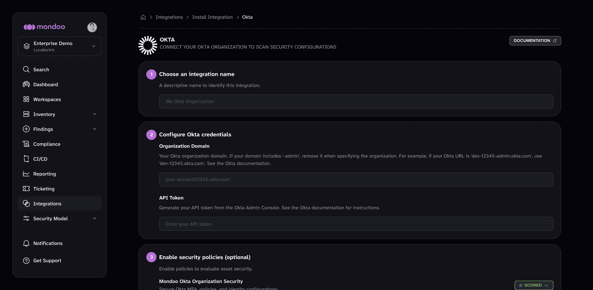 The Okta integration setup form in the Mondoo Console