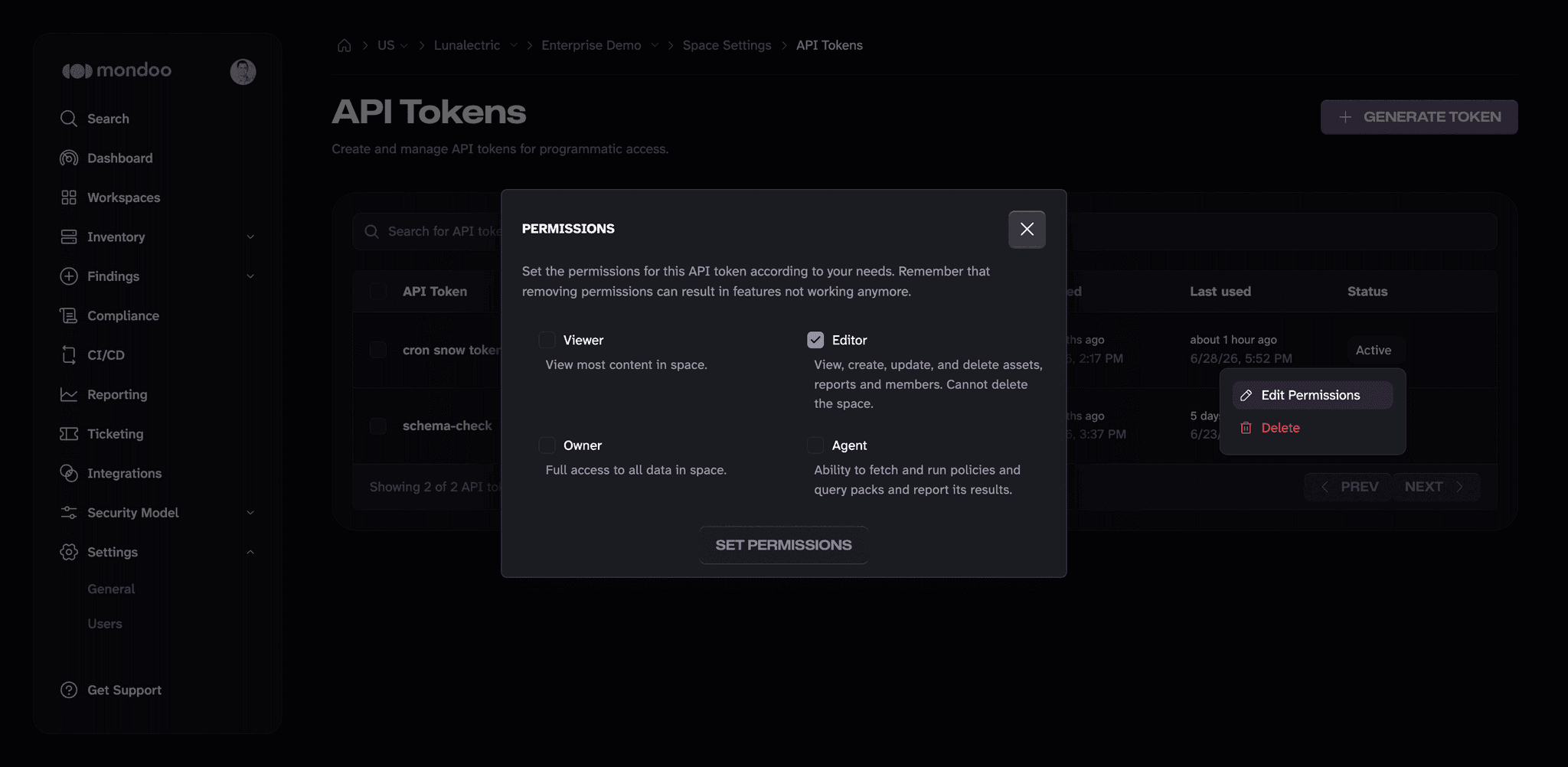 Change API token permissions