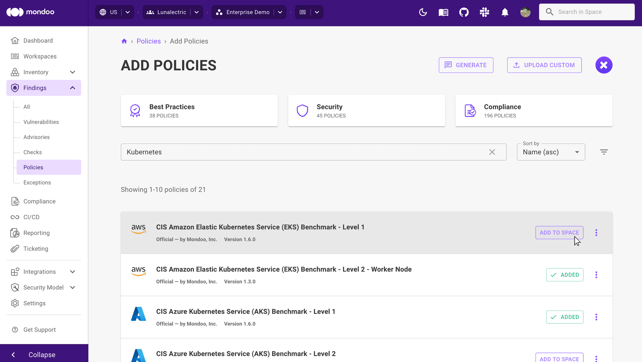 Mondoo - enable policies for a space