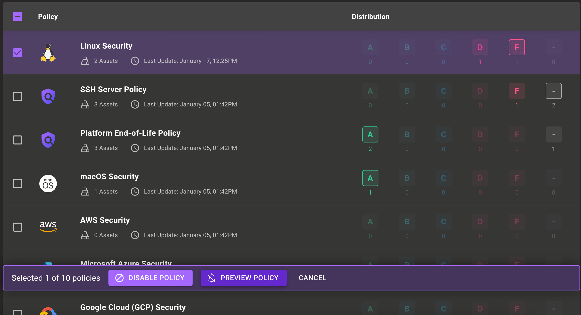 Change policy state in the security policies page