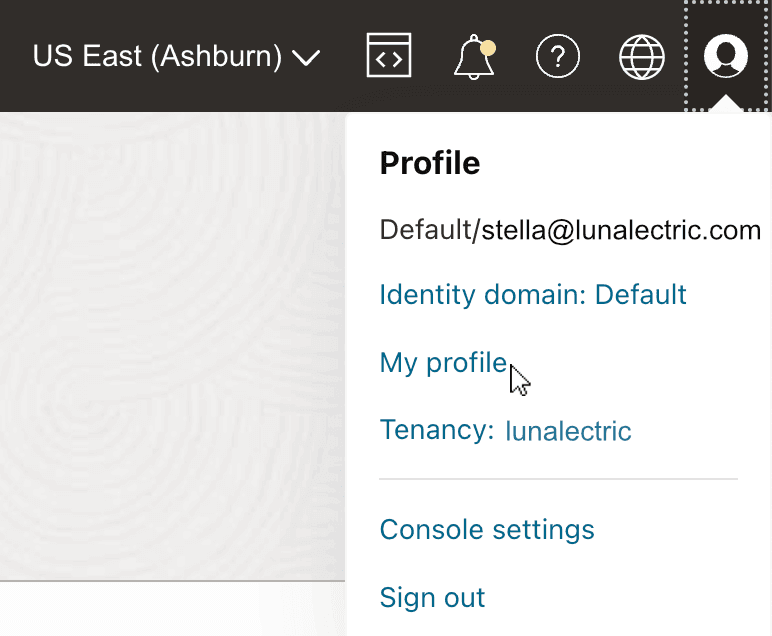 OCI profile menu