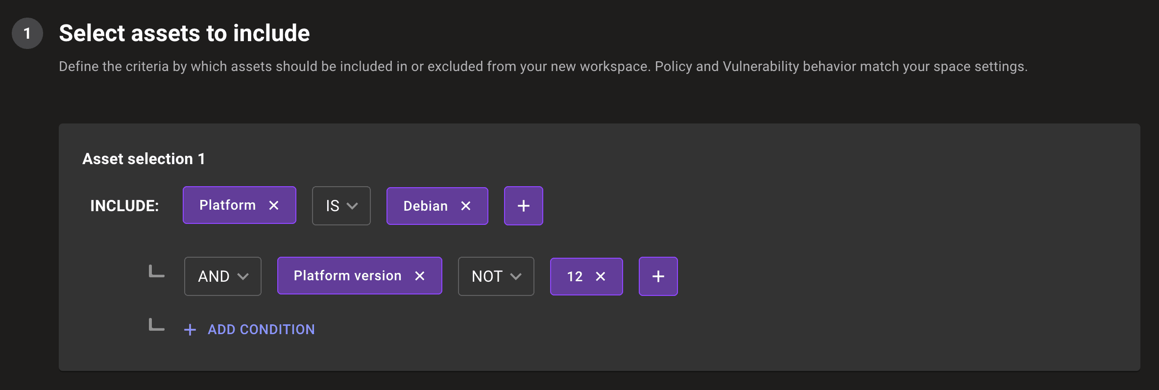 Mondoo workspace query builder multiple values for one criterion