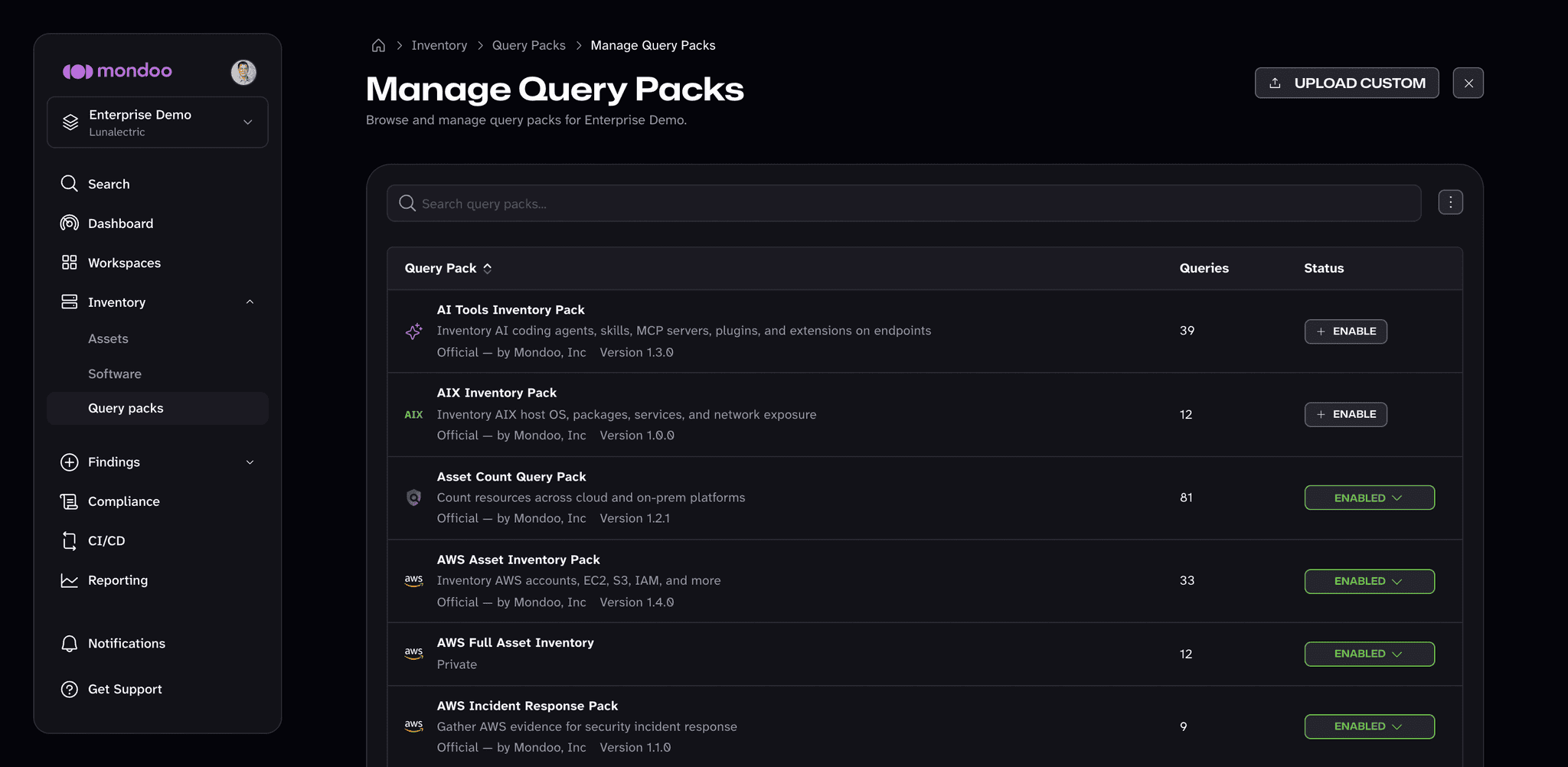 The Manage Query Packs page in the Mondoo App, with ENABLE buttons for available packs and ENABLED status for active ones