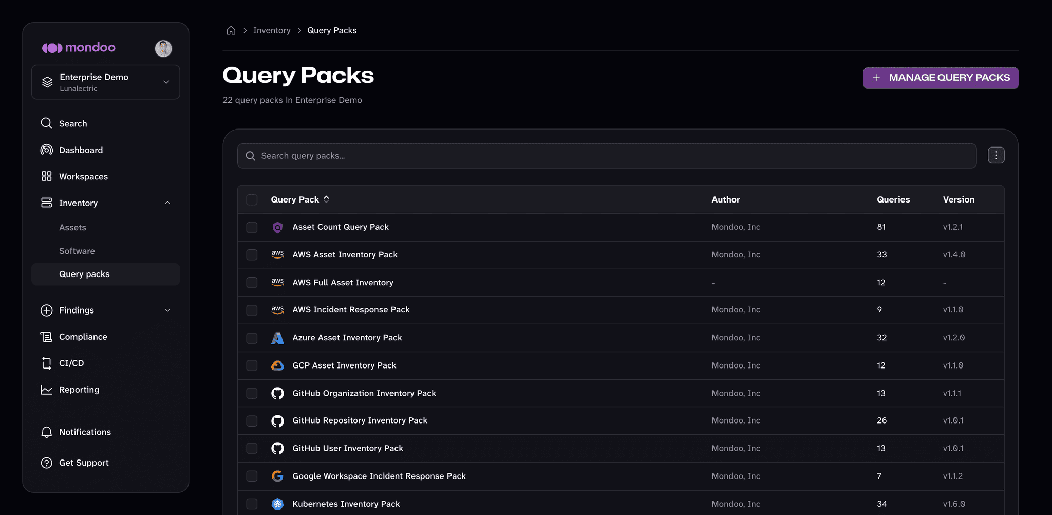 The Query Packs page in the Mondoo App, listing the query packs enabled in the space