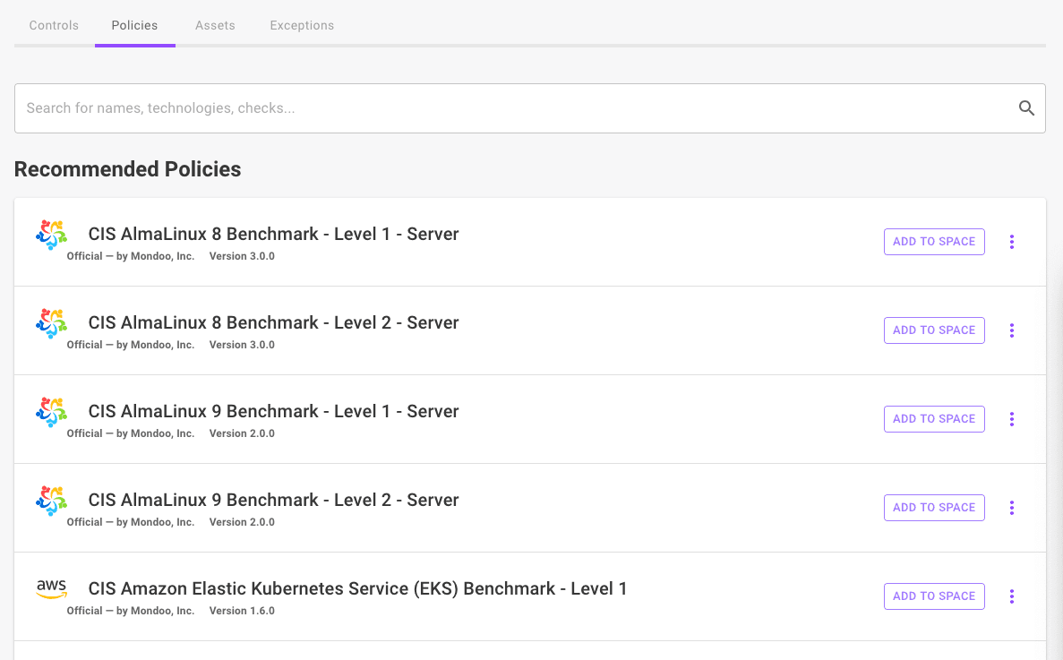 Recommended policies for a framework
