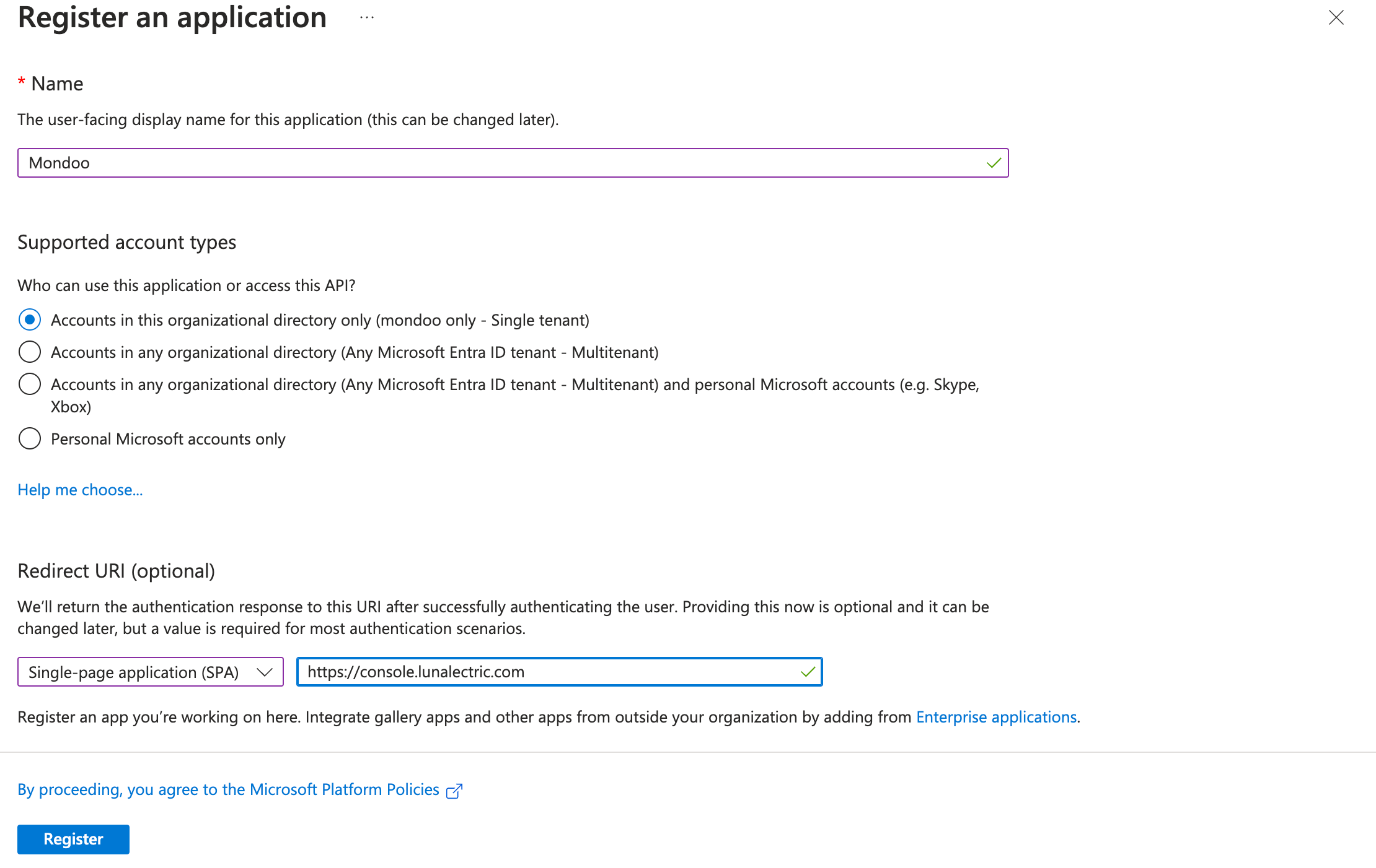 New Entra app registration for Mondoo