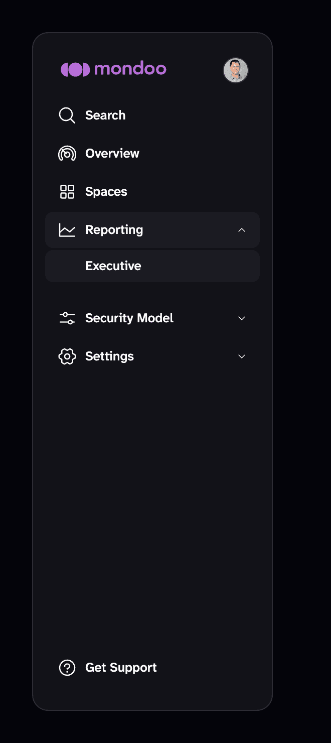 Mondoo organization side navigation with Reporting expanded and Executive selected