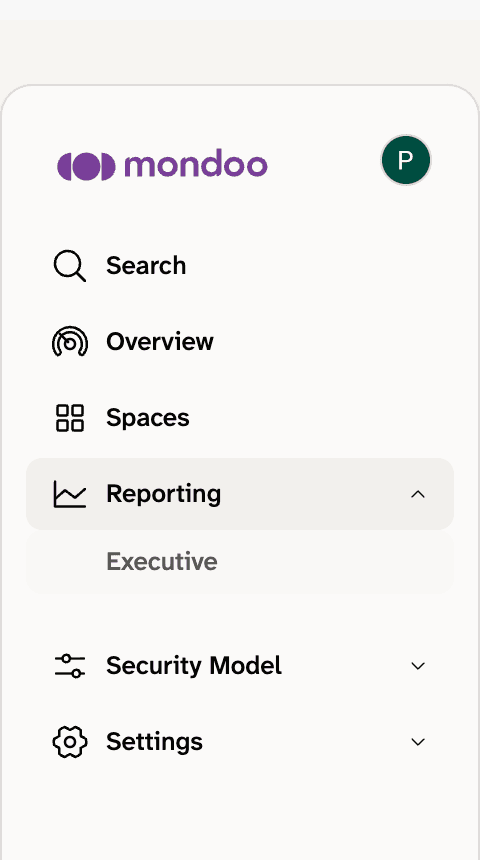 Mondoo organization side navigation with Reporting expanded and Executive selected