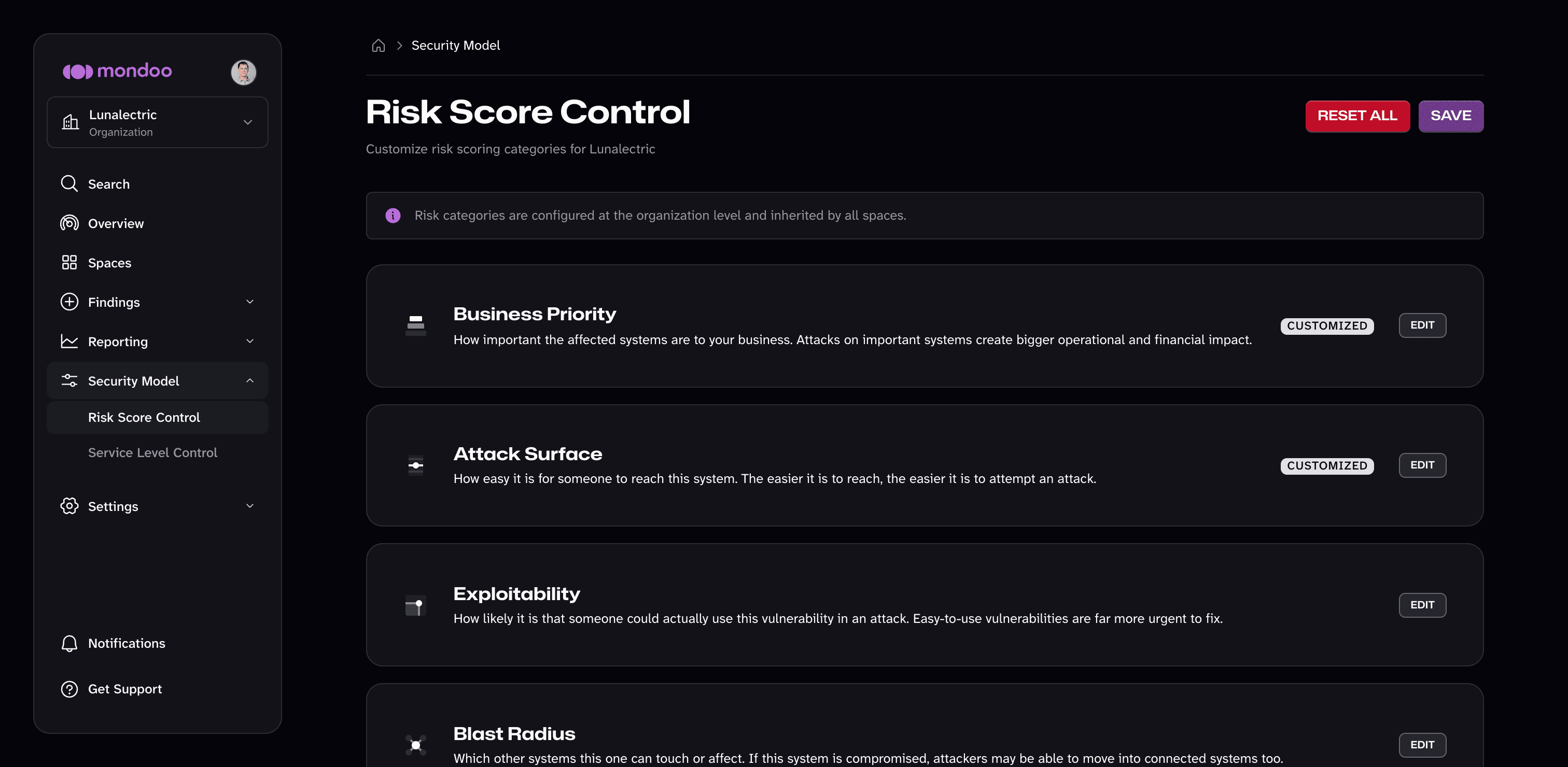 Risk Score Control page for an organization in the Mondoo App, listing the Business Priority, Attack Surface, Exploitability, and Blast Radius categories