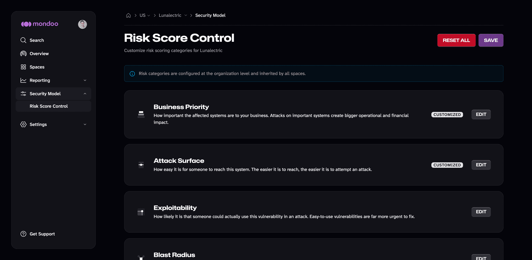 Risk dimension configuration in the Mondoo App