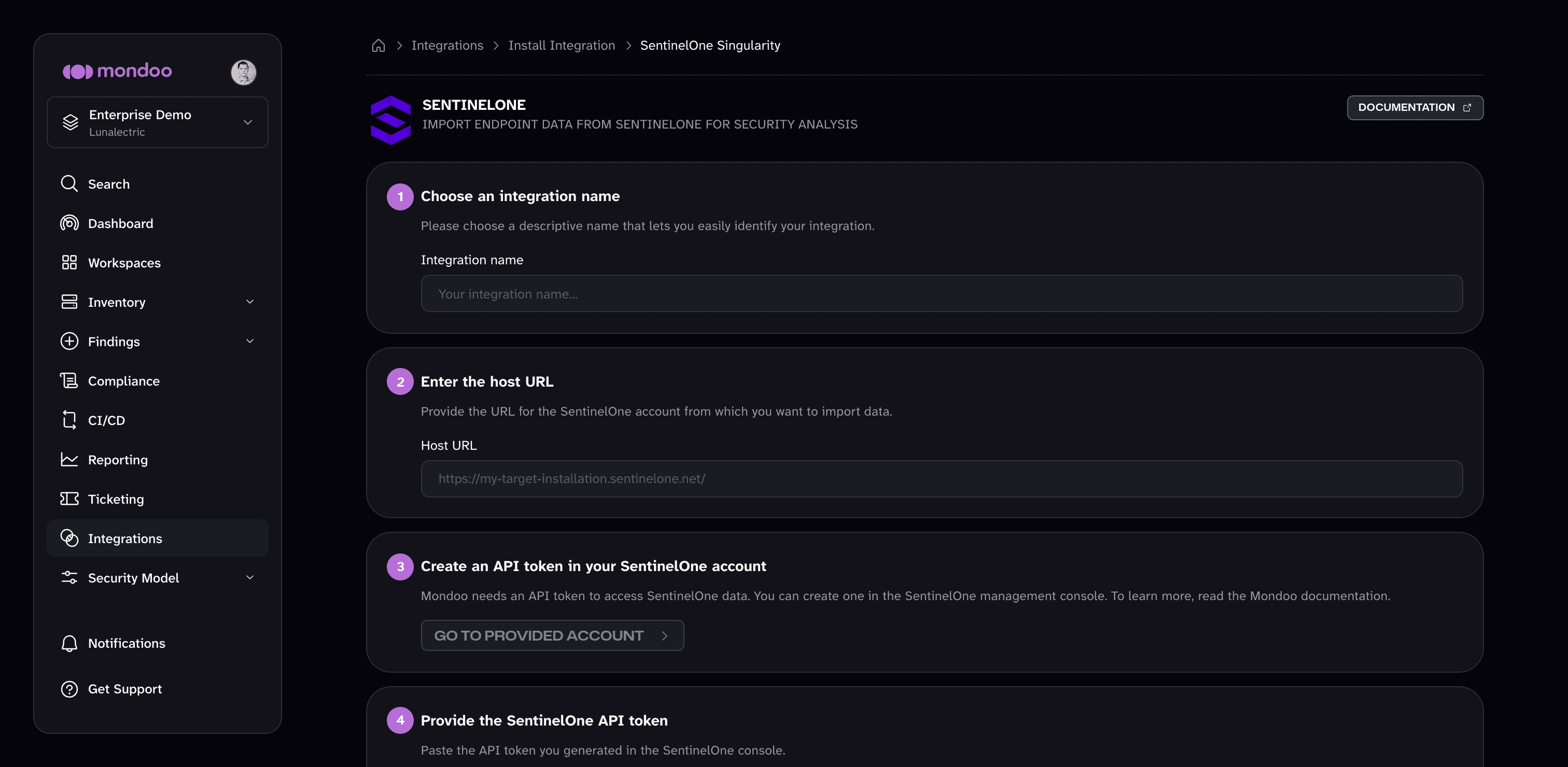 The SentinelOne integration setup form in the Mondoo Console