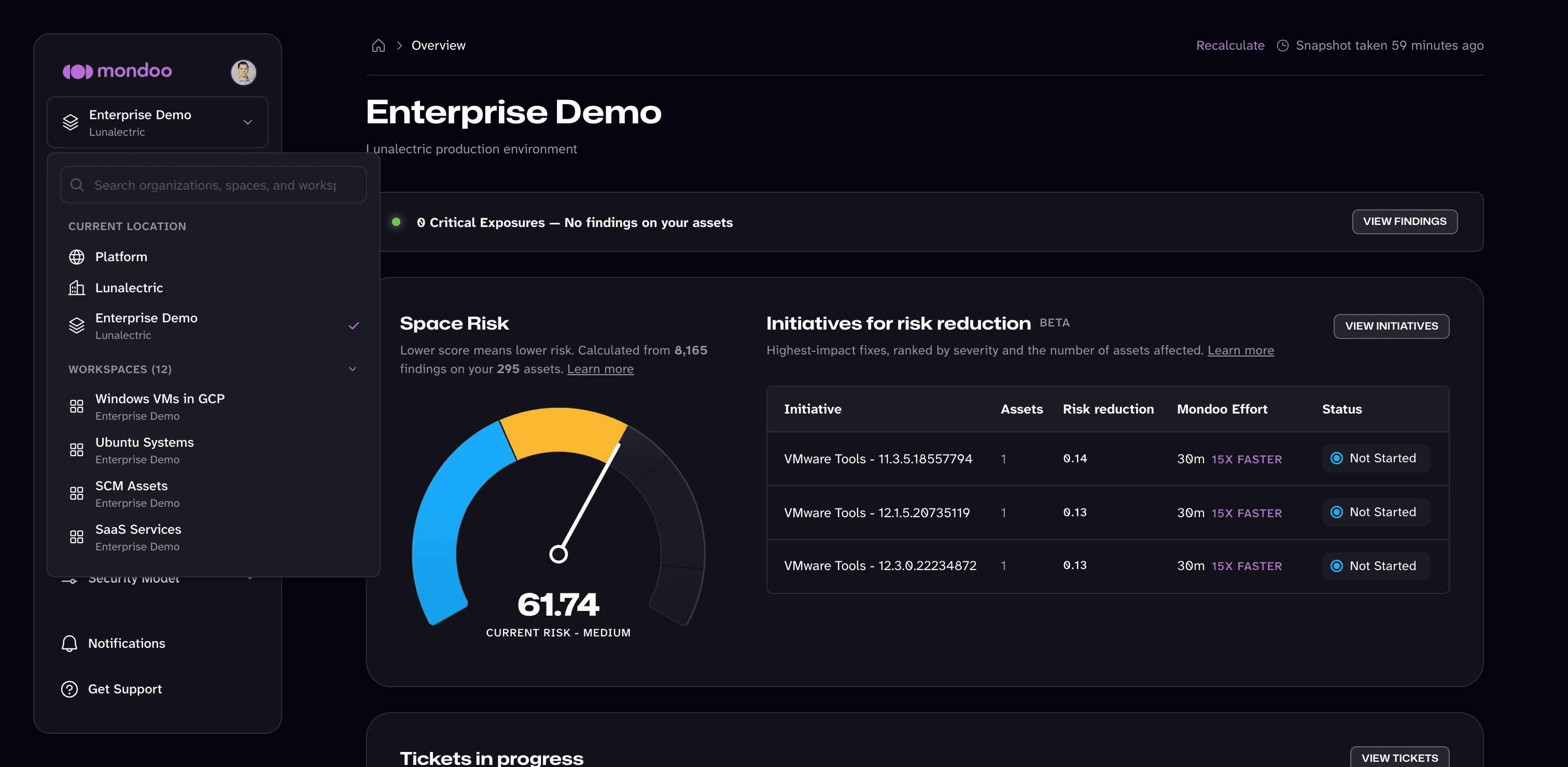 The scope switcher open, showing the current location and a list of workspaces, spaces, and organizations to jump to
