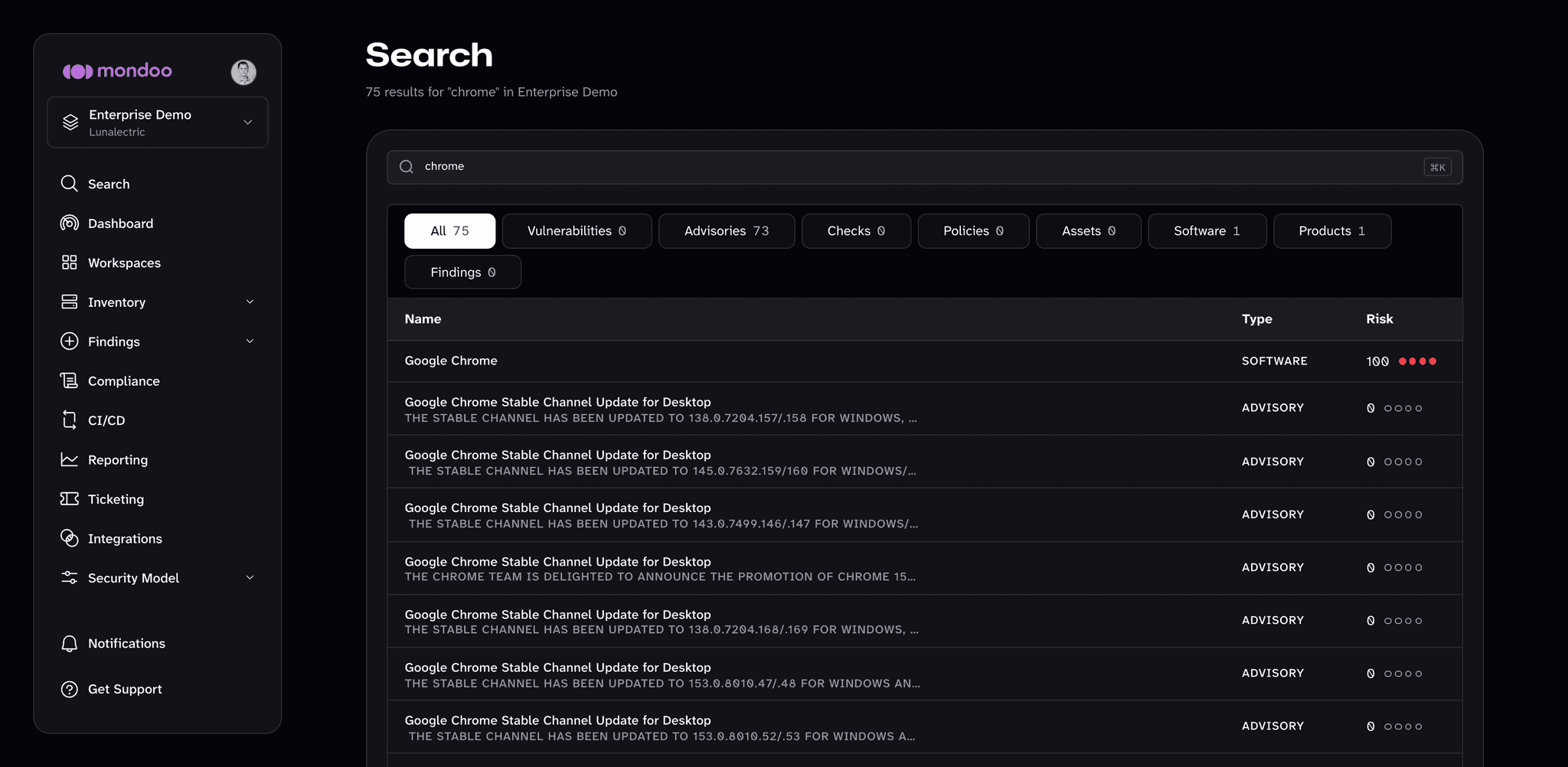 The Mondoo Search page showing 75 results for chrome, with result type filters