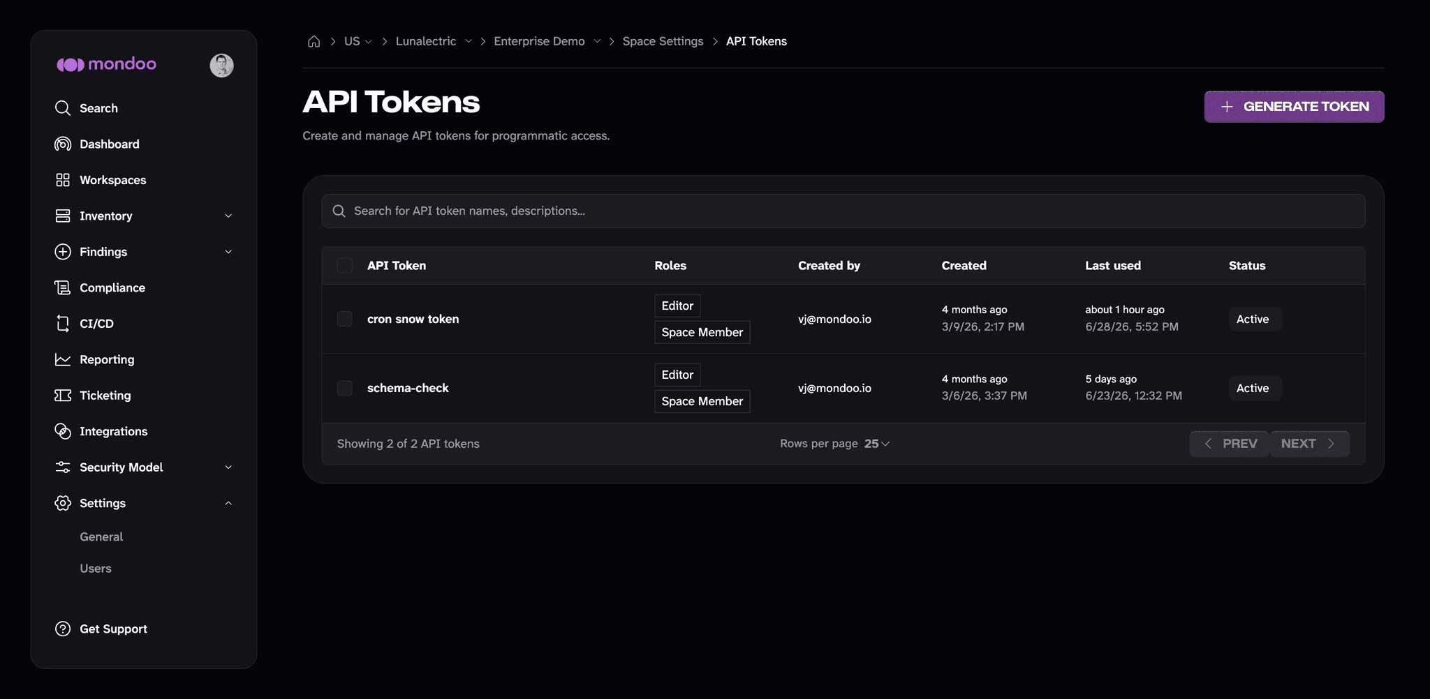 Manage API tokens