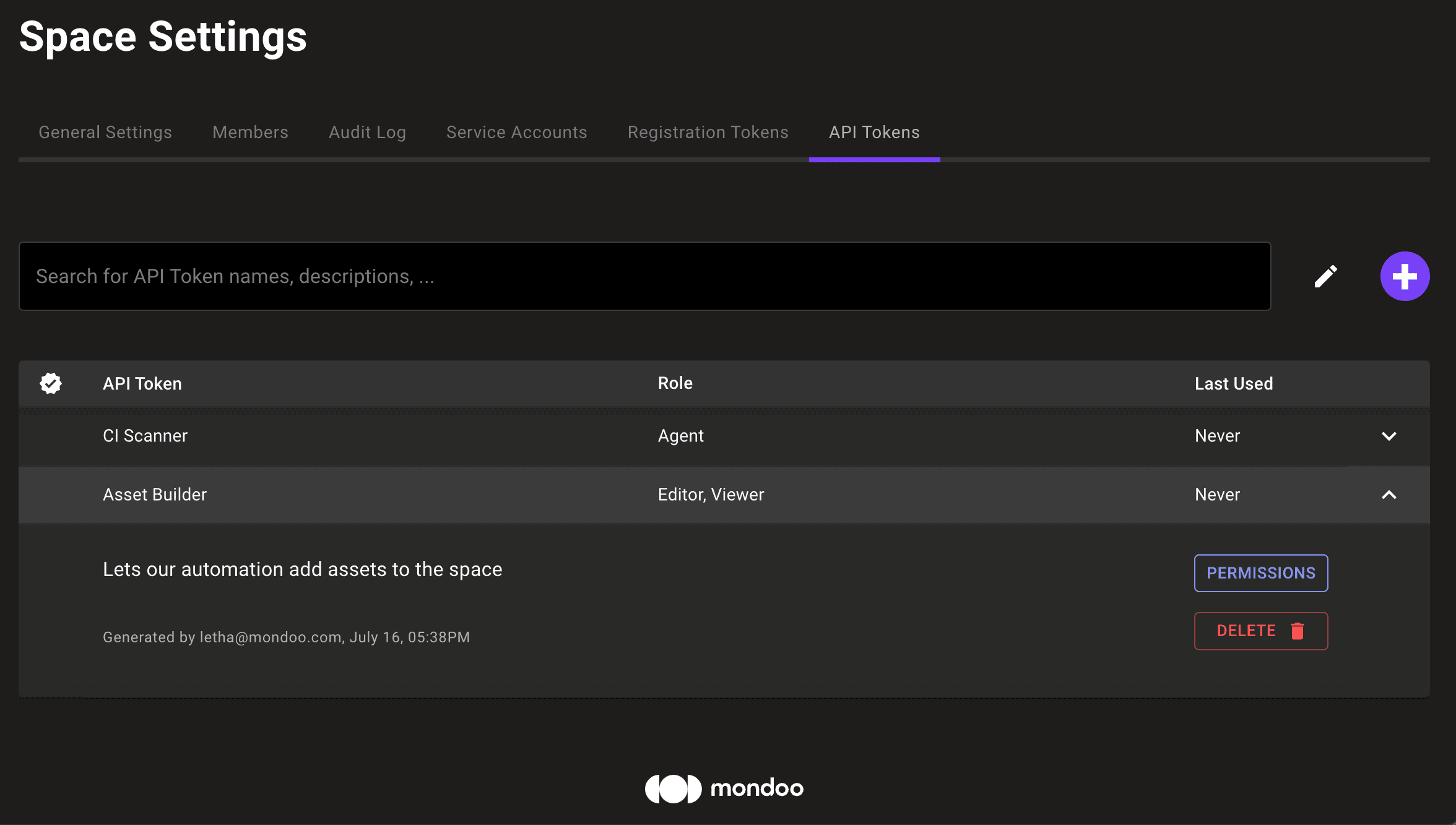 Manage API tokens