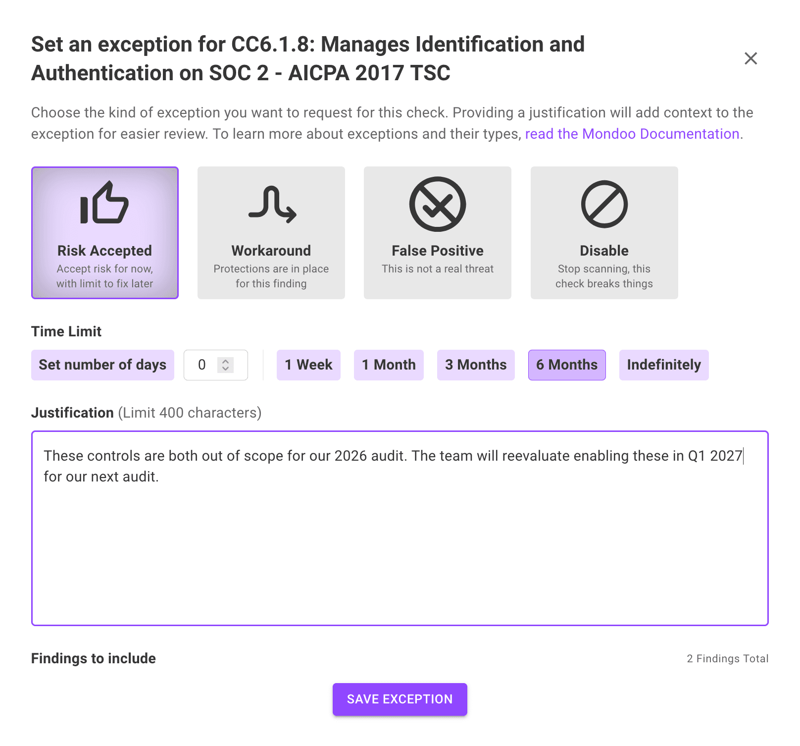 Set an exception on a compliance control