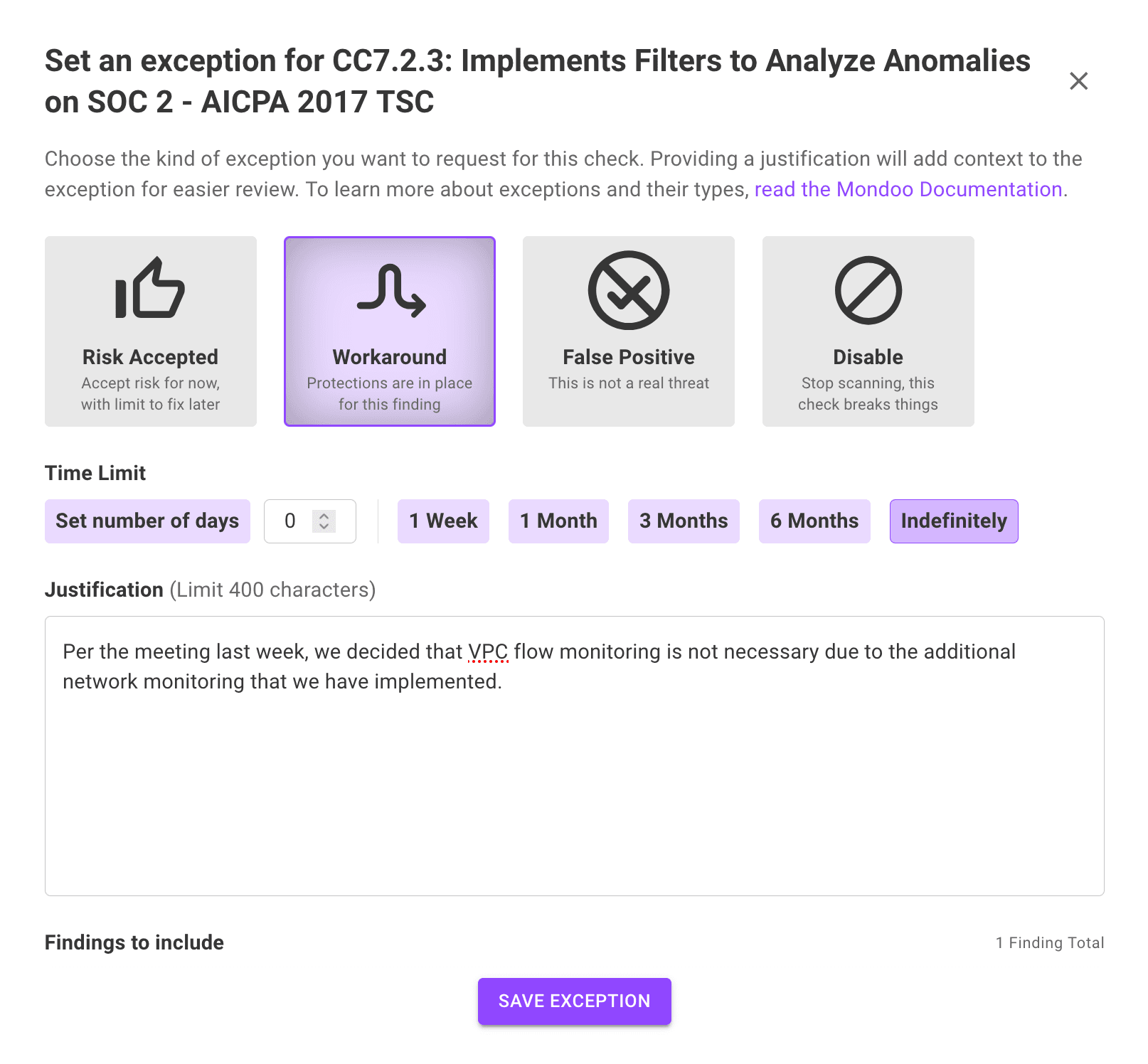 Set an exception on a compliance check