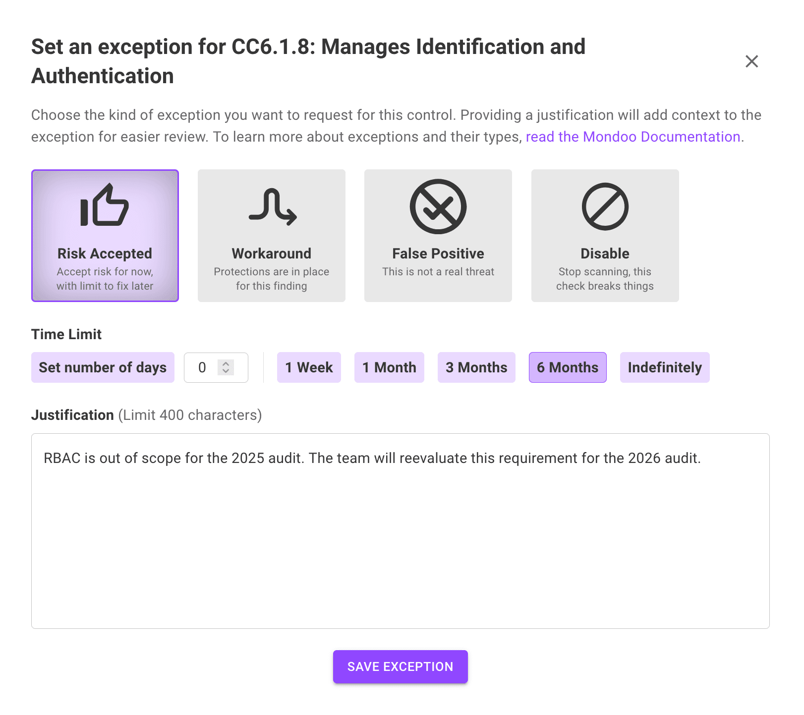 Set an exception on compliance controls