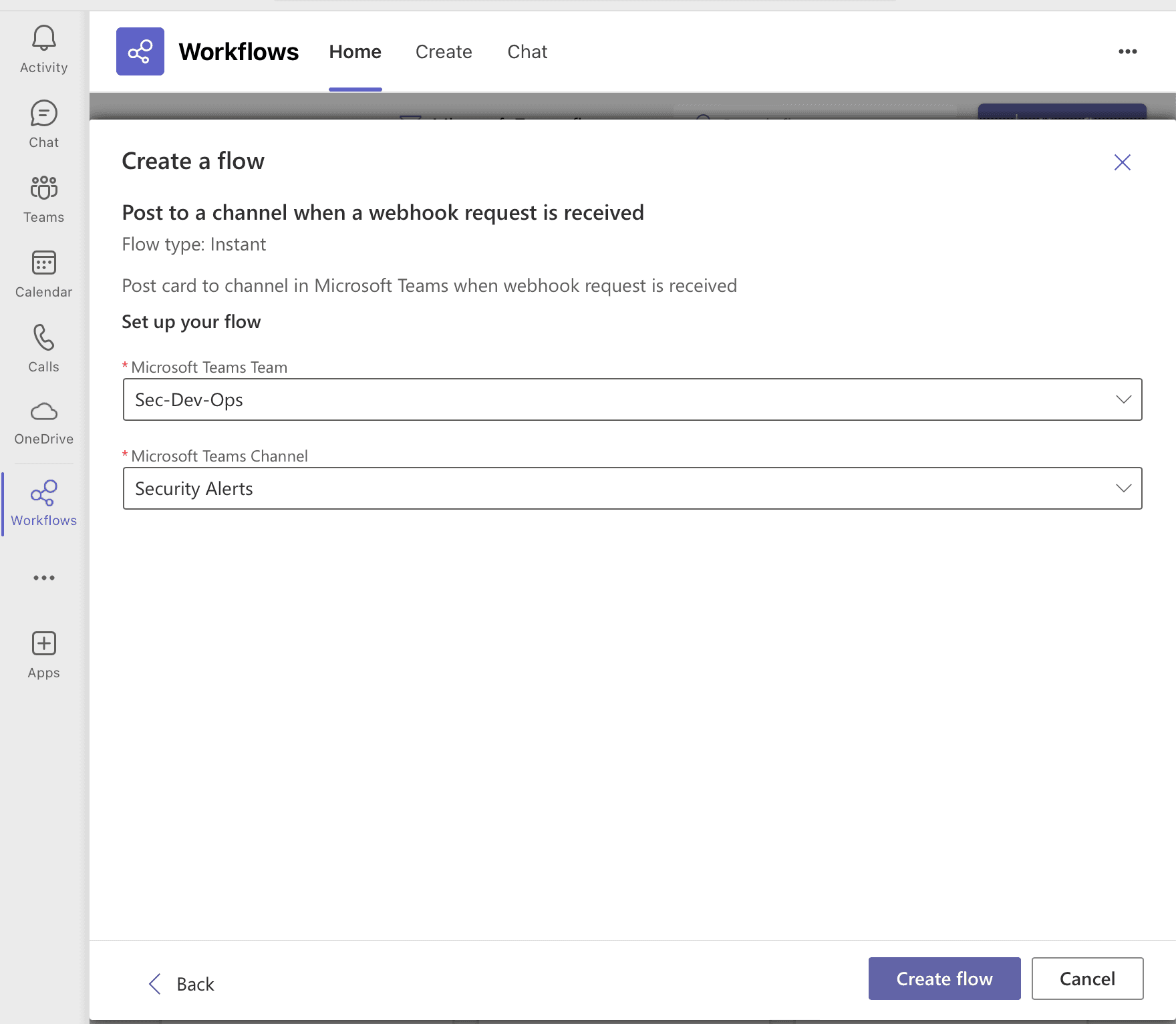 Configure a new flow Teams