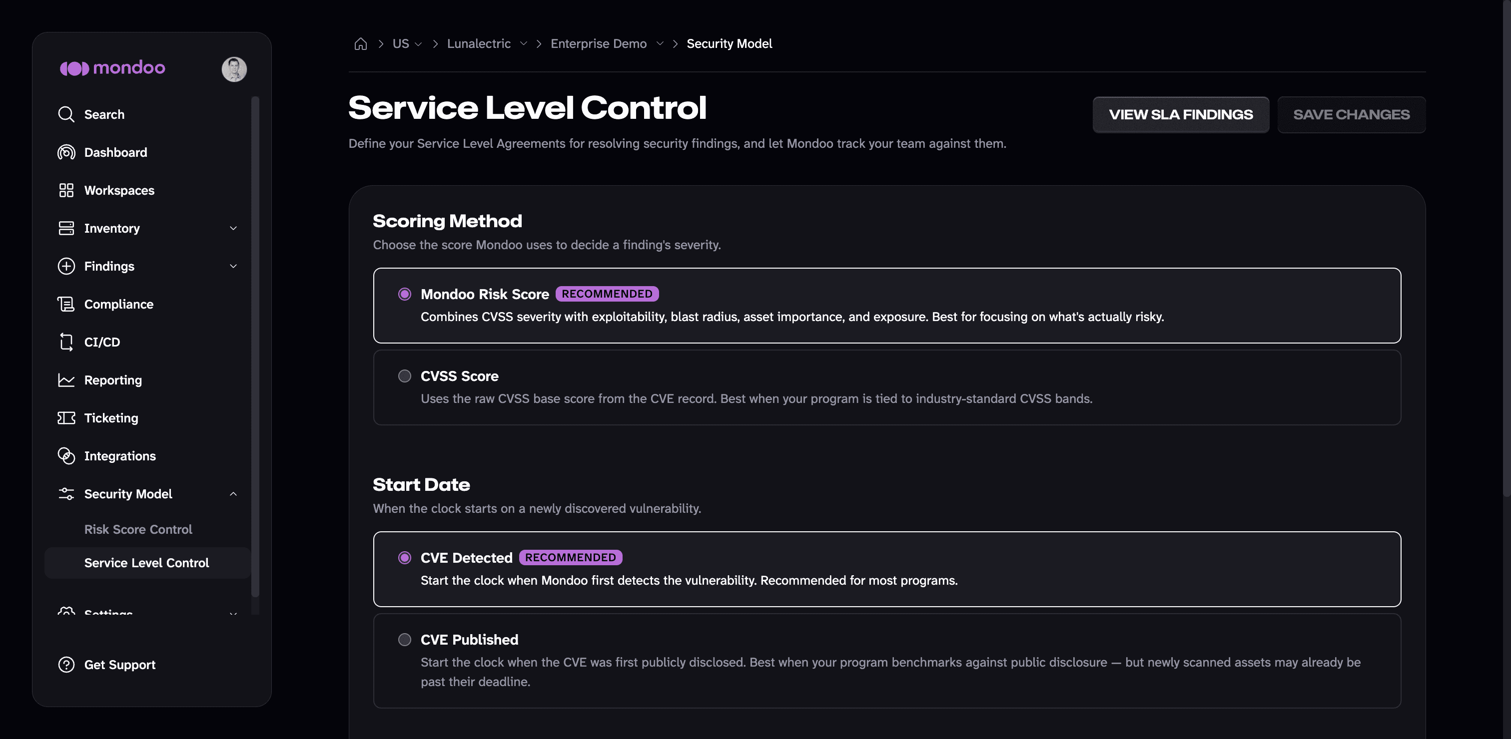 SLA configuration in Mondoo