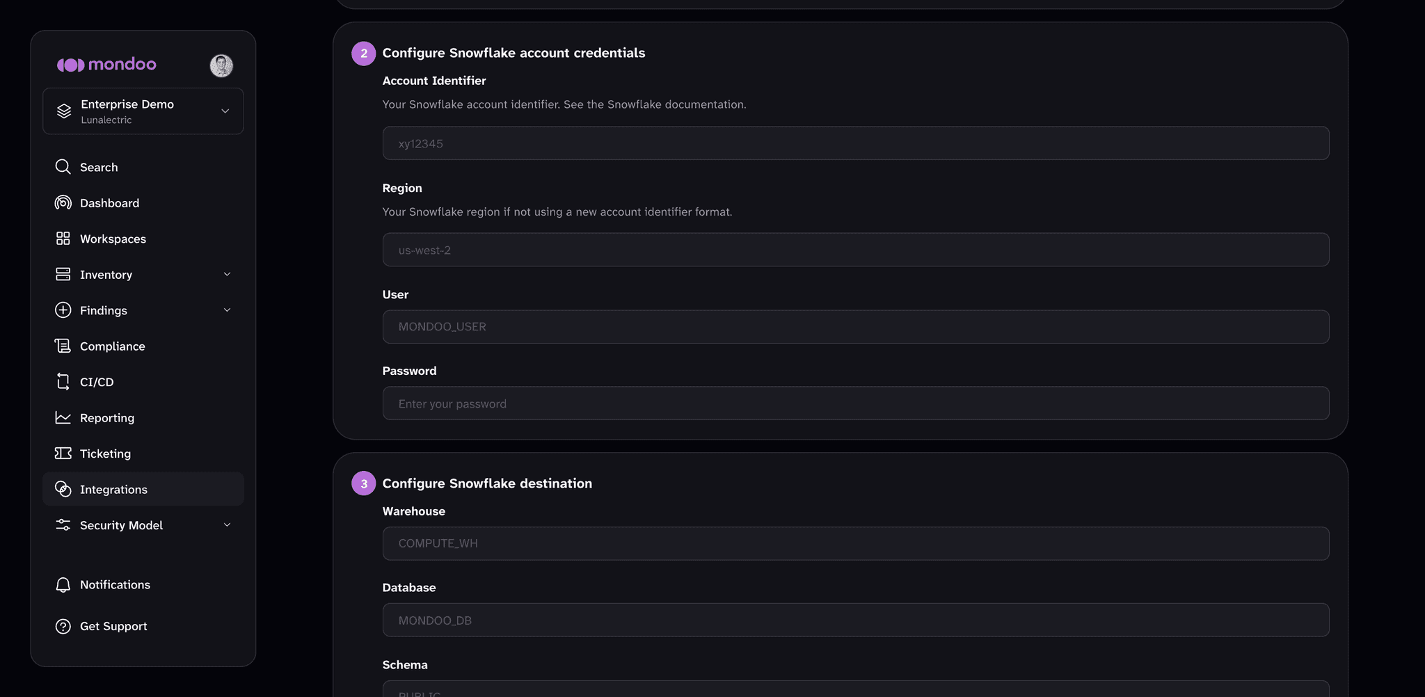 The Snowflake account credentials and destination sections of the form, with the Account Identifier, Region, User, Password, Warehouse, and Database fields