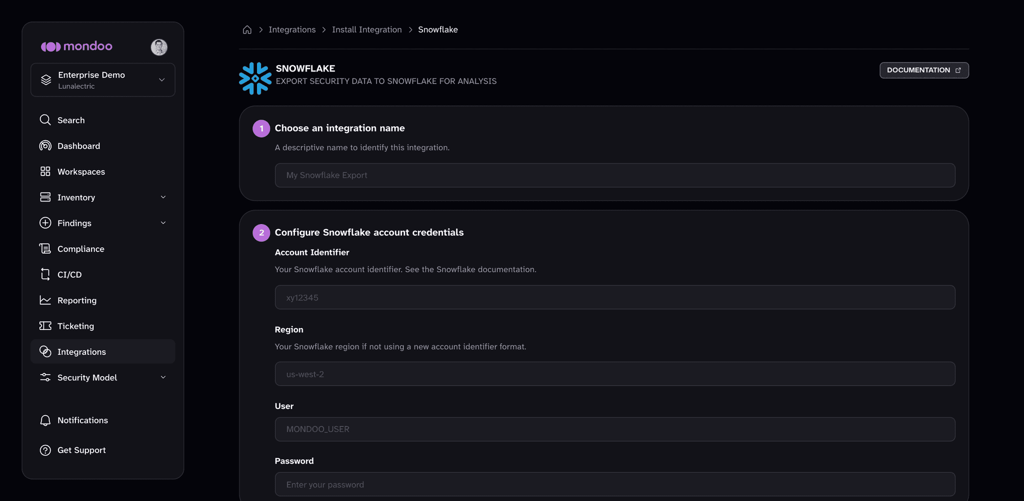 The Snowflake export integration form in Mondoo, with the integration name and the start of the account credentials section