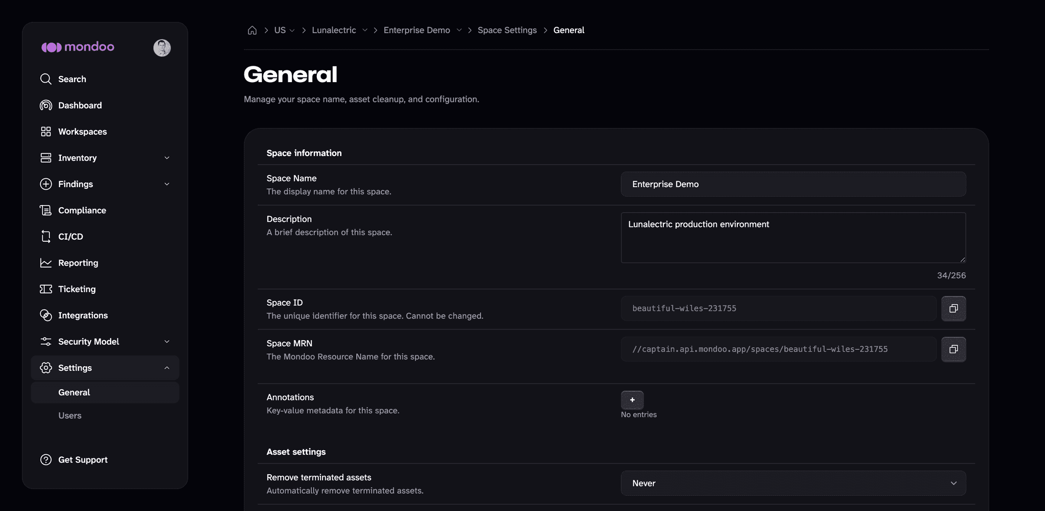 Mondoo general space settings