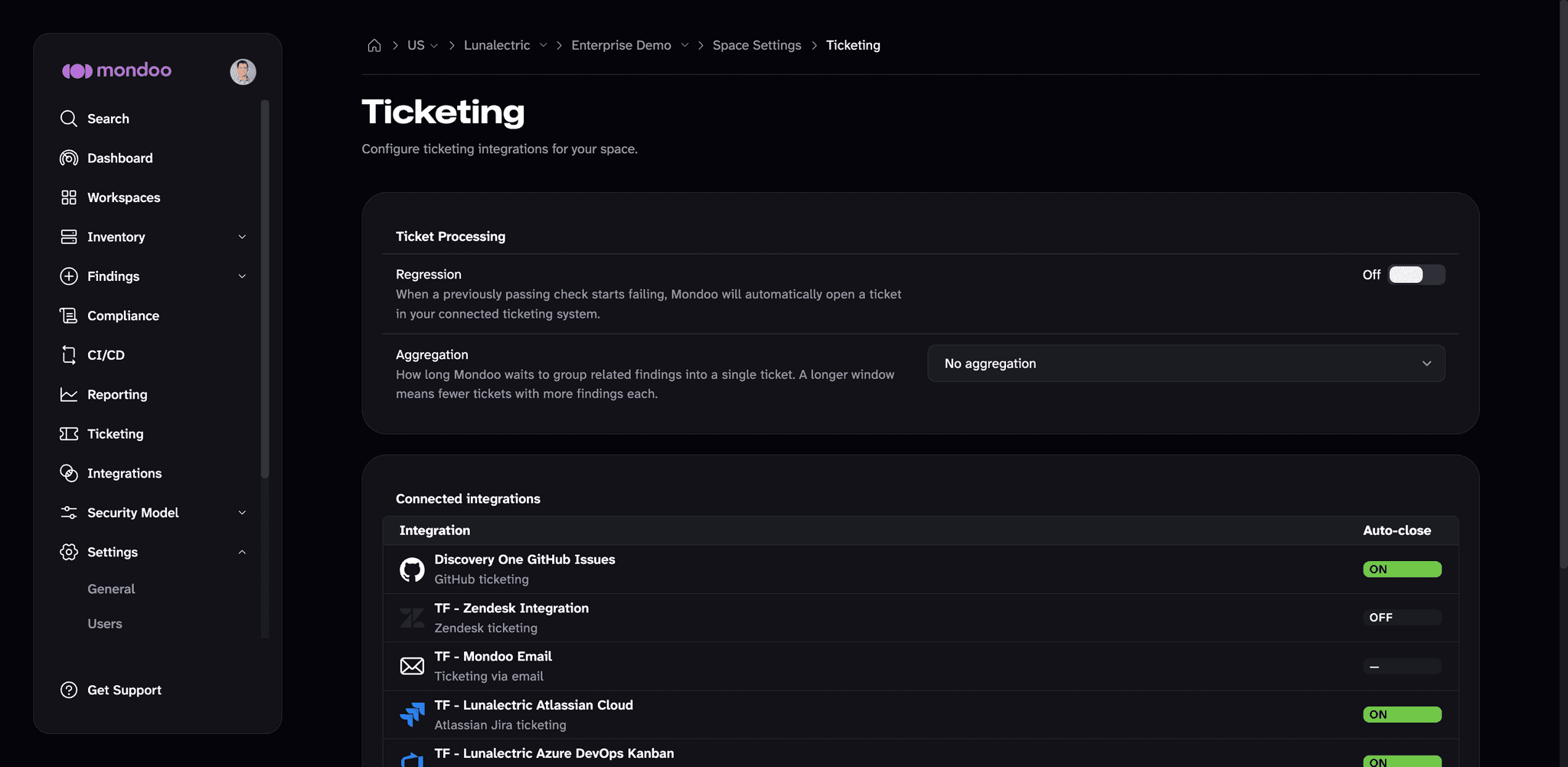Ticketing space settings in Mondoo