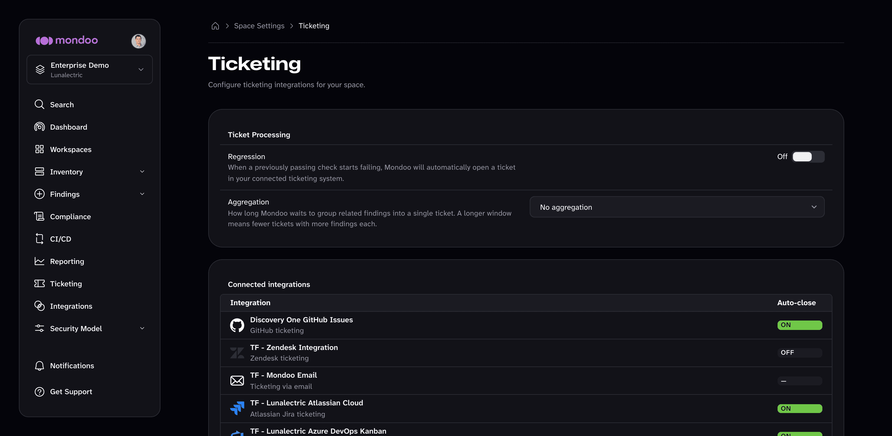 The Ticketing page in space settings, with the Regression and Aggregation settings and the list of connected integrations