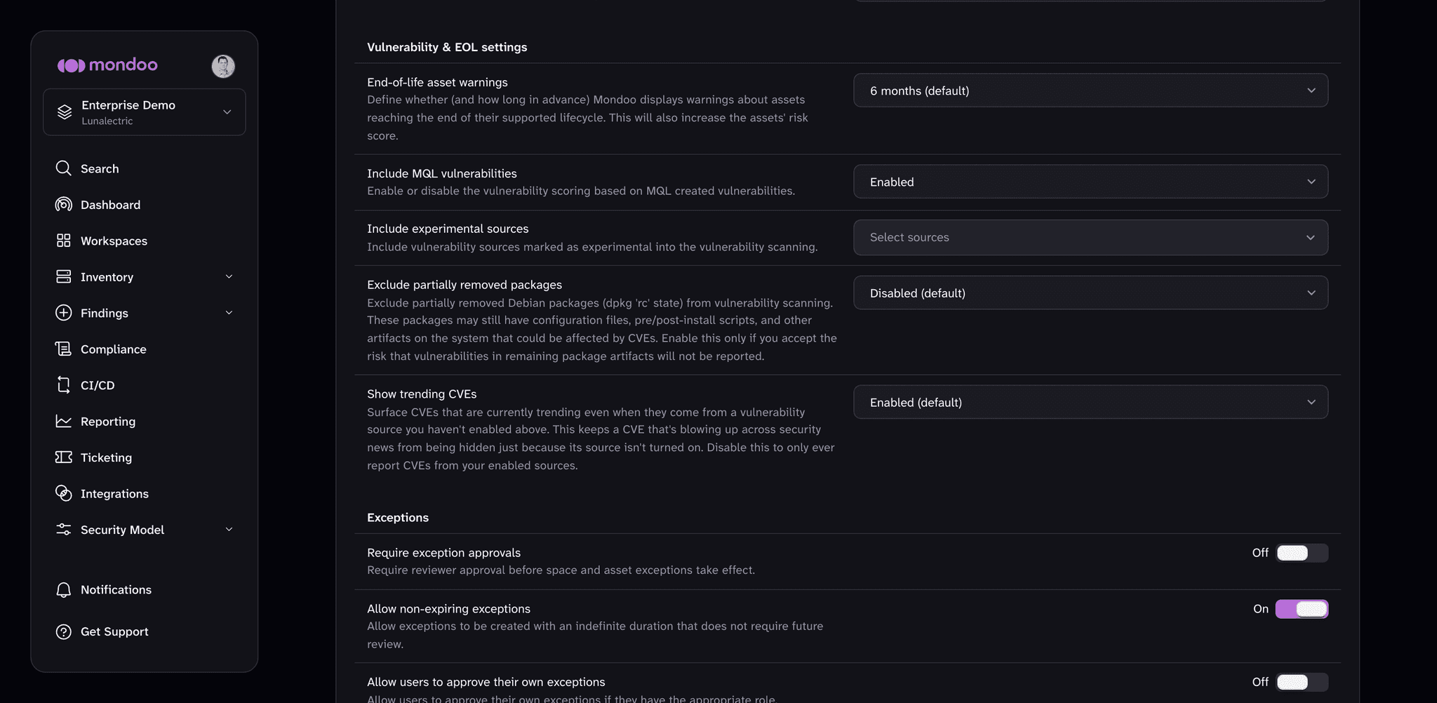The Vulnerability & EOL settings section of a Mondoo space's General settings page