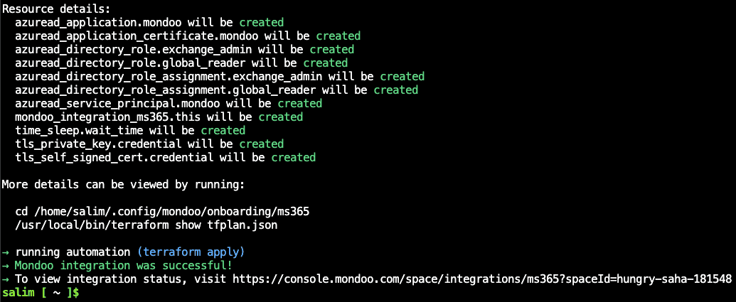 Success creating a Mondoo Microsoft 365 integration