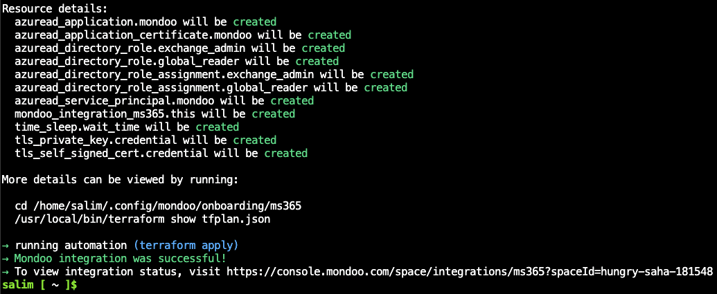 Success creating a Mondoo Microsoft 365 integration