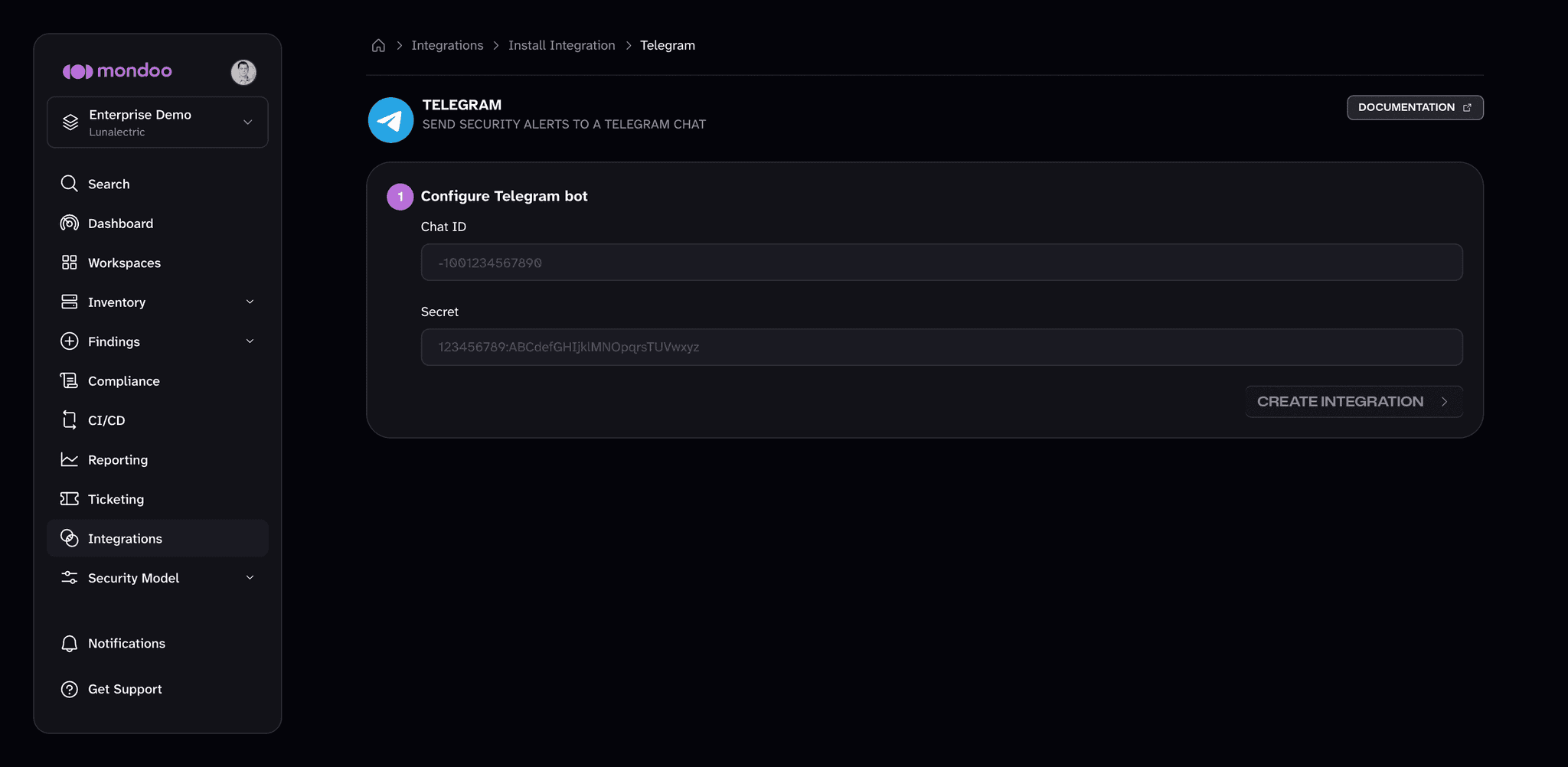 The Telegram setup page in Mondoo, with Chat ID and Secret boxes and a Create Integration button