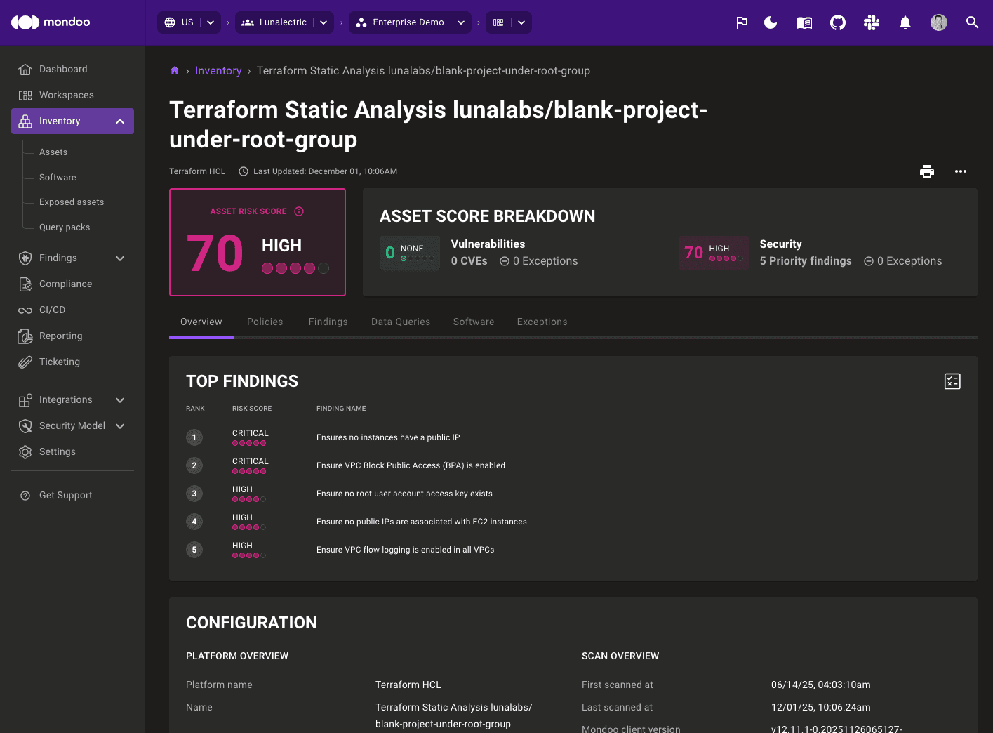 Terraform Scan Report in Mondoo UI