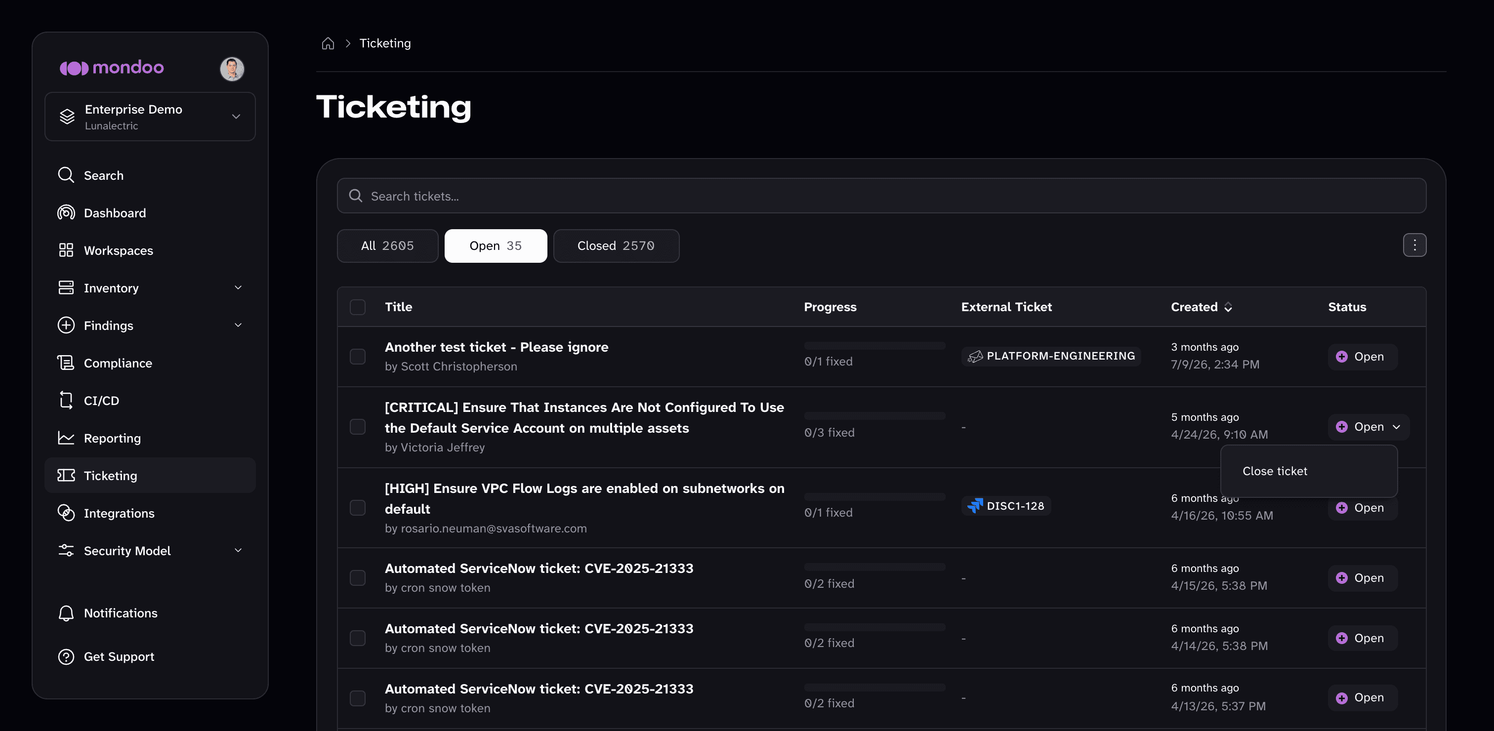 The status menu of an open ticket in the Mondoo App with the Close ticket option